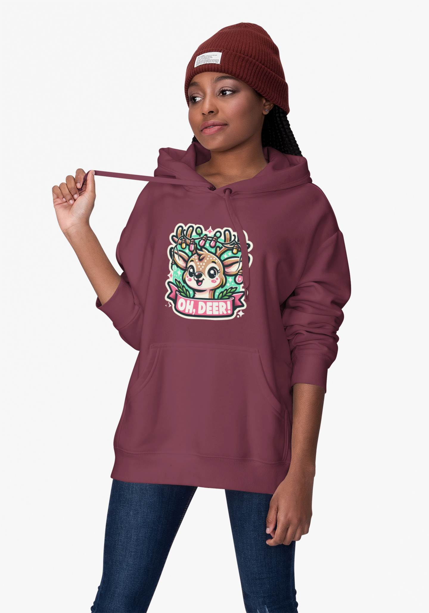 Cute Reindeer Christmas Hoodie — "Oh, Deer!" Holiday Graphic Hoodie product thumbnail image Cute Reindeer Christmas Hoodie — "Oh, Deer!" Holiday Graphic Hoodie product thumbnail image