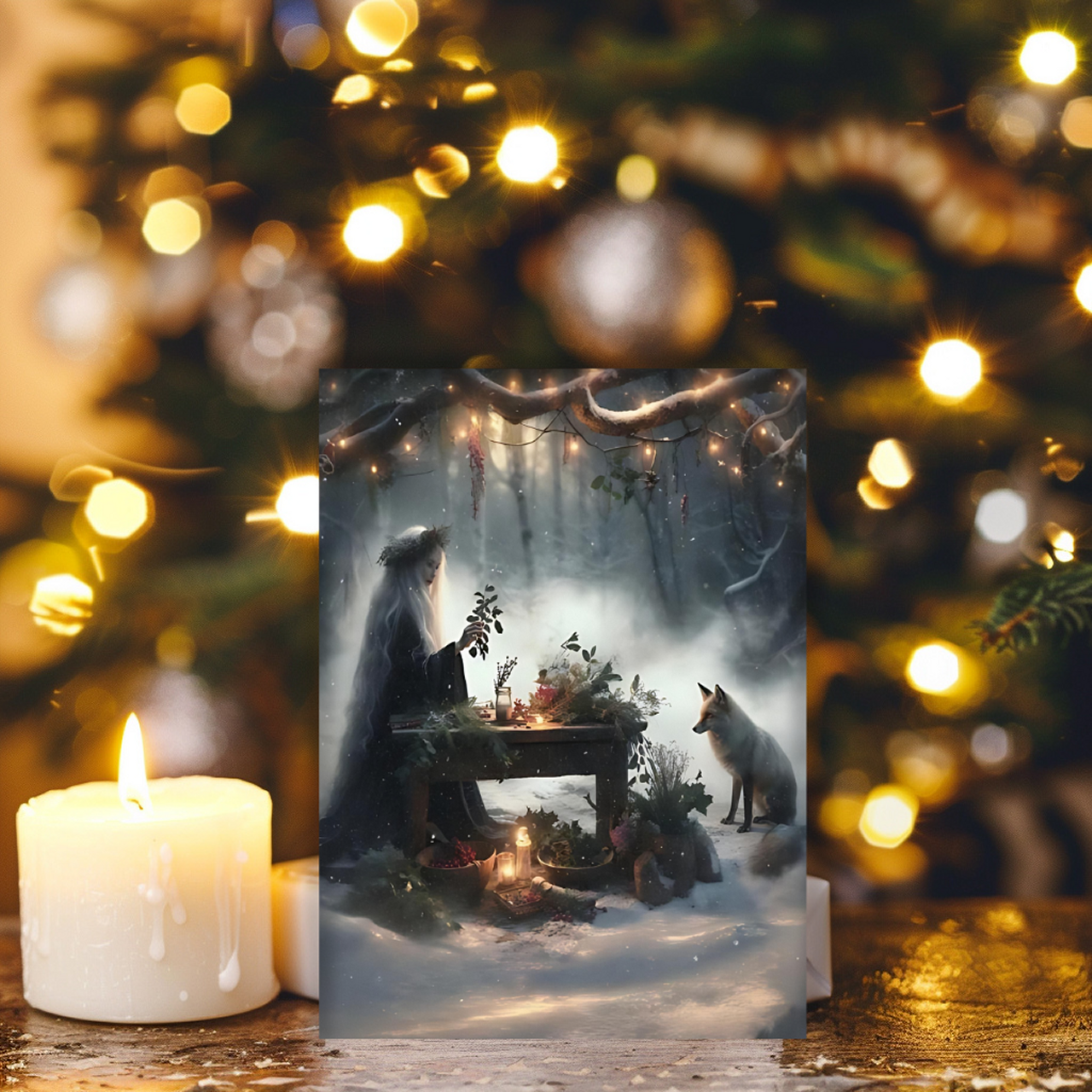 (U.S.) Winter Solstice Witch Greeting Cards — Yule, Renewal &amp; Enchanted Forest Holiday Cards (8/16/24 pcs) product thumbnail image