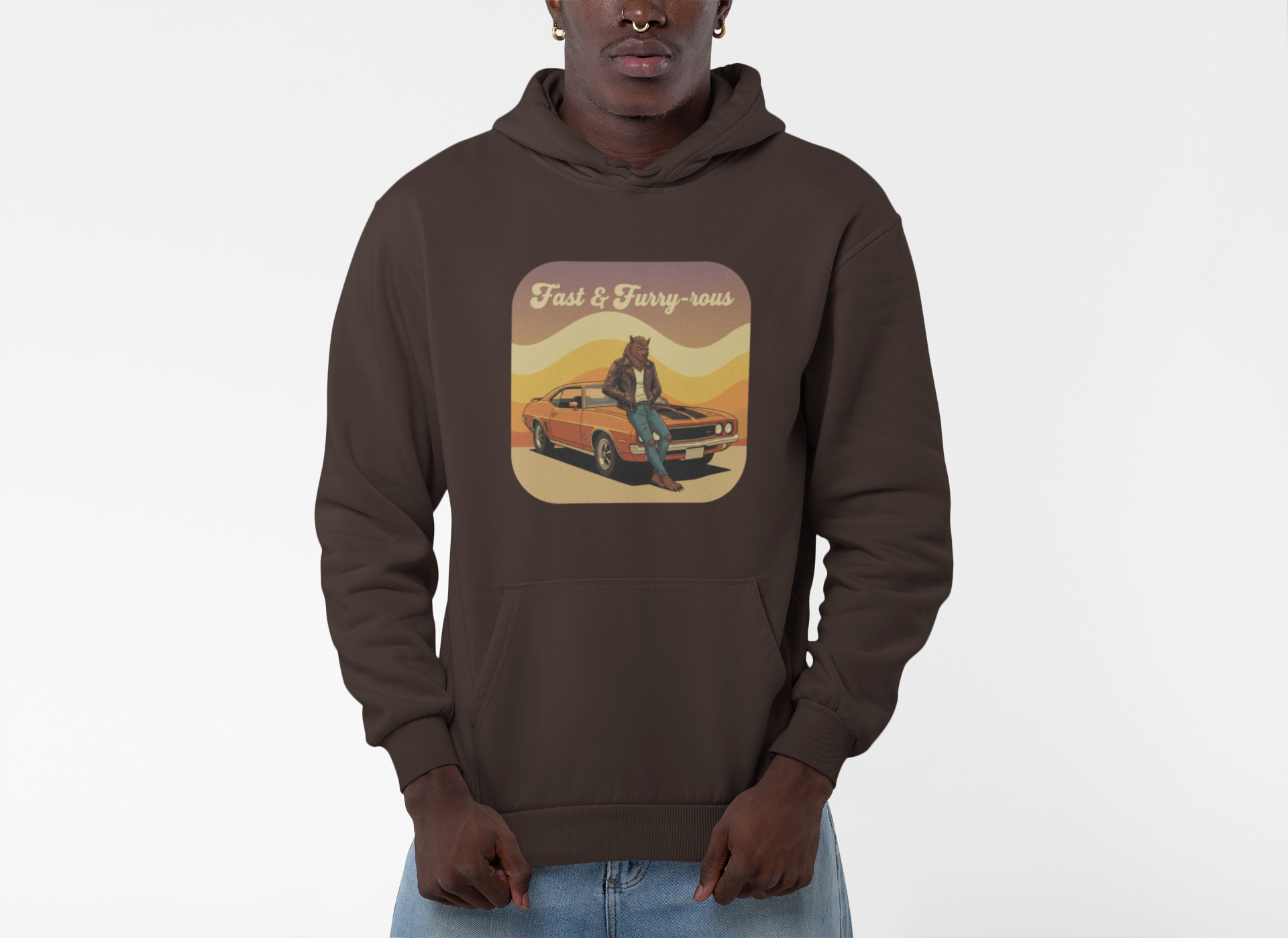 Fast &amp; Furry-ous Retro Car &amp; Wolf Hoodie — Vintage Racing Graphic Hoodie product thumbnail image