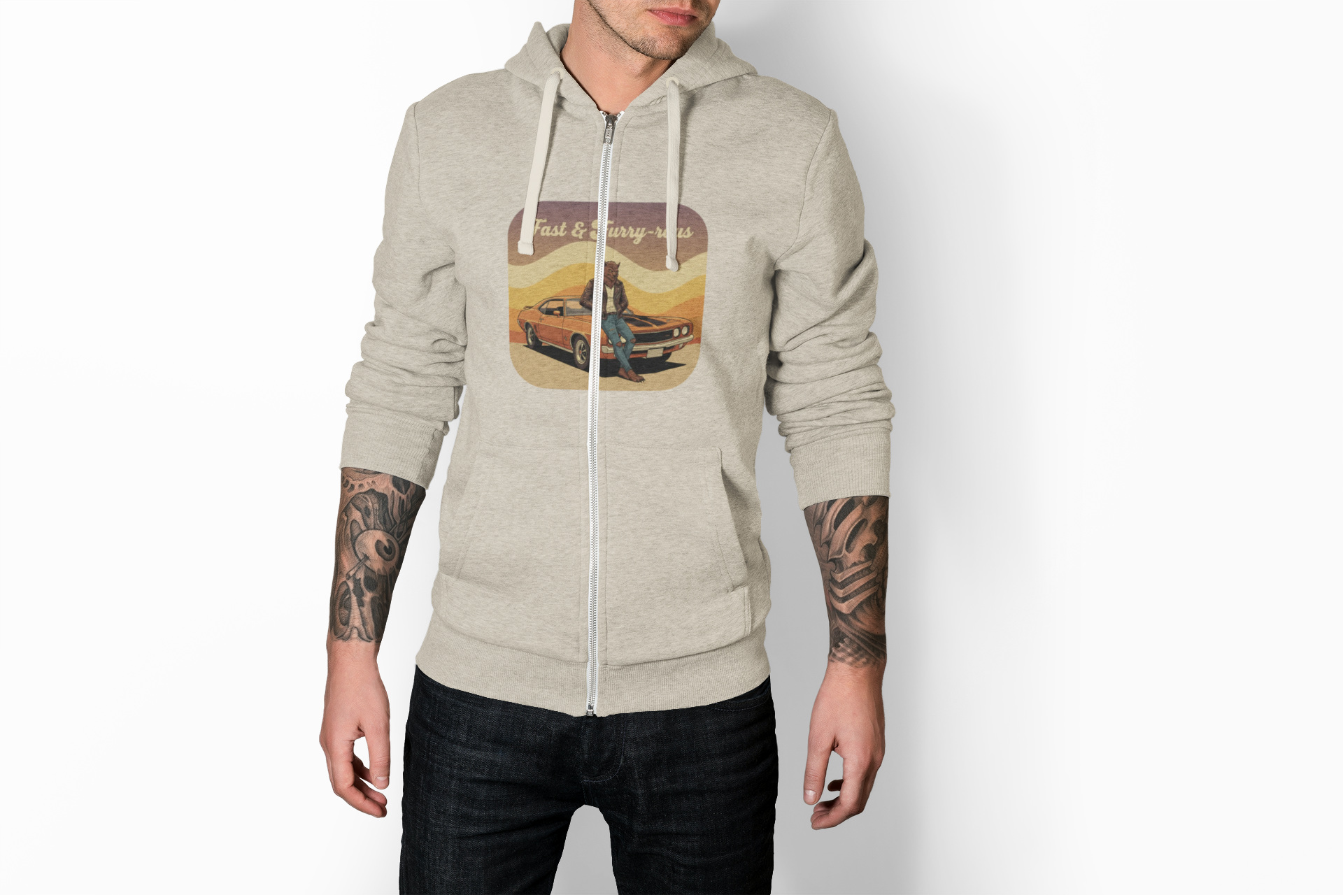 Fast &amp; Furry-ous Retro Car &amp; Wolf Hoodie — Vintage Racing Graphic Hoodie product thumbnail image