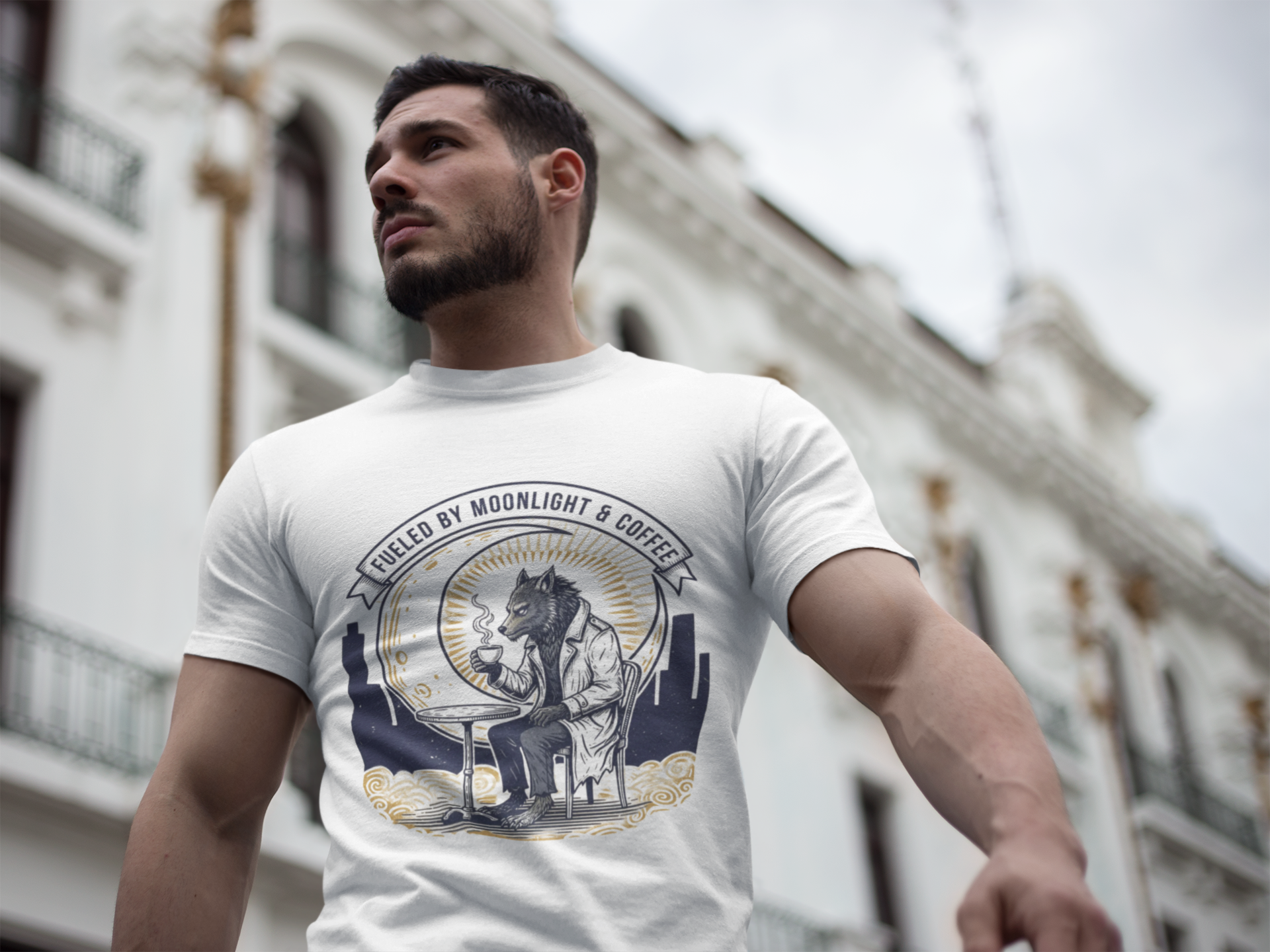 Wolf Coffee T-Shirt — "Fueled by Moonlight & Coffee" Graphic Tee product thumbnail image Wolf Coffee T-Shirt — "Fueled by Moonlight & Coffee" Graphic Tee product thumbnail image