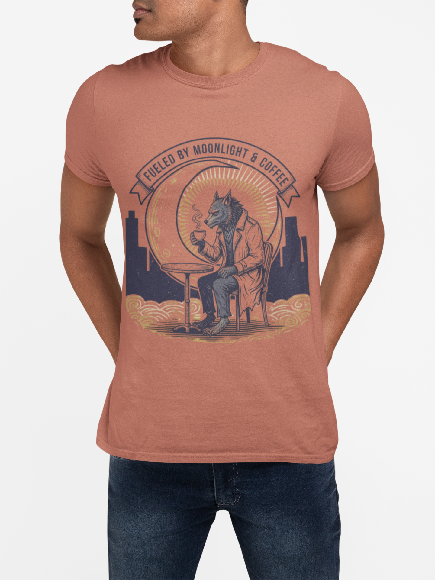 Wolf Coffee T-Shirt — "Fueled by Moonlight &amp; Coffee" Graphic Tee product thumbnail image