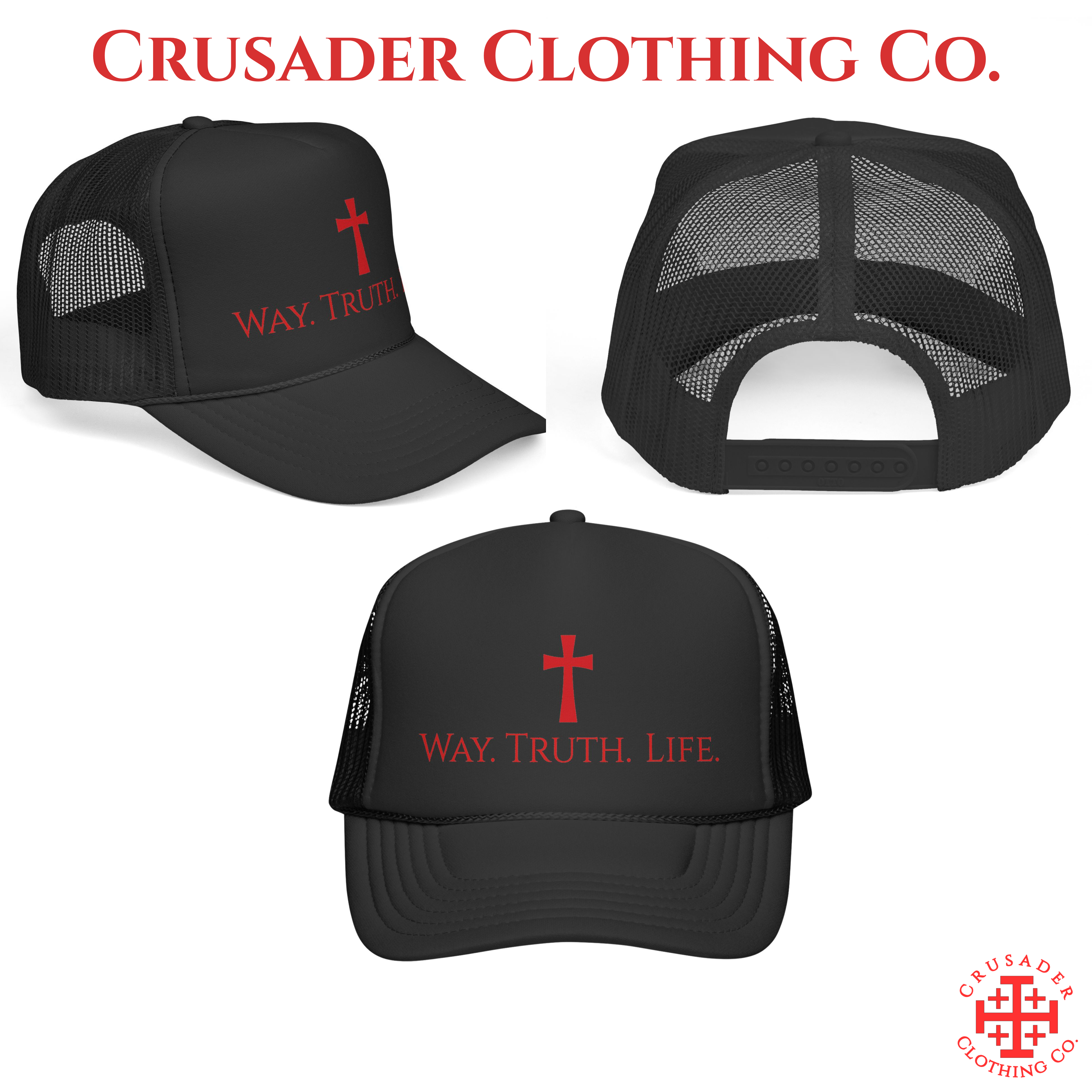 Christian Trucker Hat – Way. Truth. Life. (Red Cross Design)