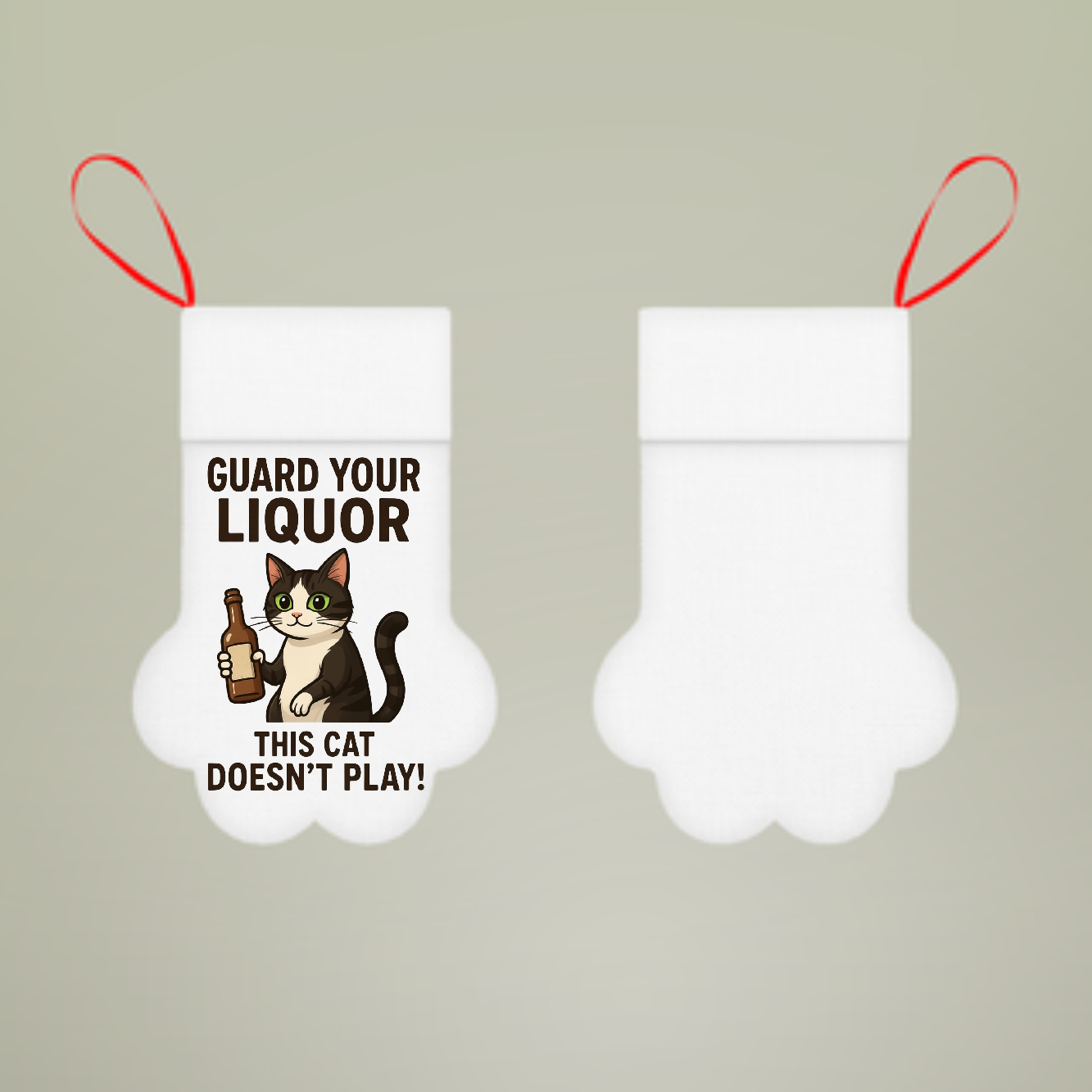 Cat Christmas Stocking — "Guard Your Liquor, This Cat Doesn’t Play!" Novelty Holiday Stocking product thumbnail image Cat Christmas Stocking — "Guard Your Liquor, This Cat Doesn’t Play!" Novelty Holiday Stocking product thumbnail image