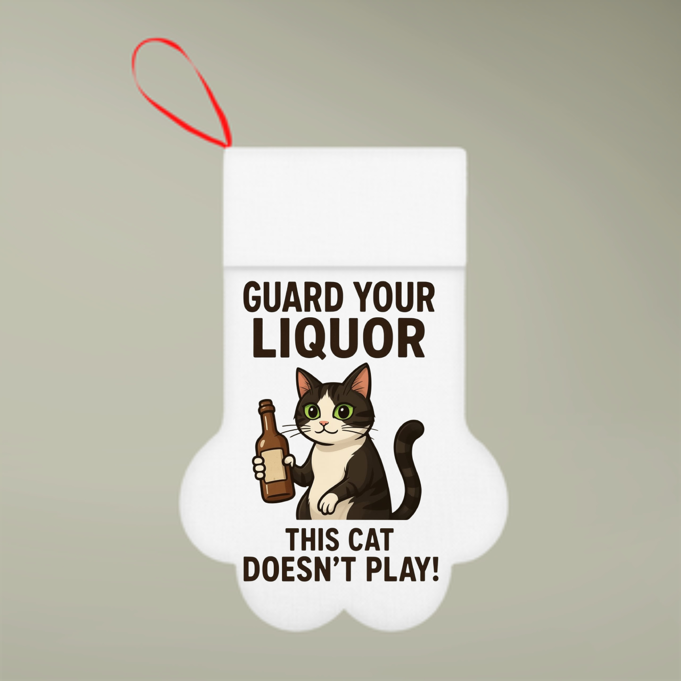 Cat Christmas Stocking — "Guard Your Liquor, This Cat Doesn’t Play!" Novelty Holiday Stocking product thumbnail image Cat Christmas Stocking — "Guard Your Liquor, This Cat Doesn’t Play!" Novelty Holiday Stocking product thumbnail image