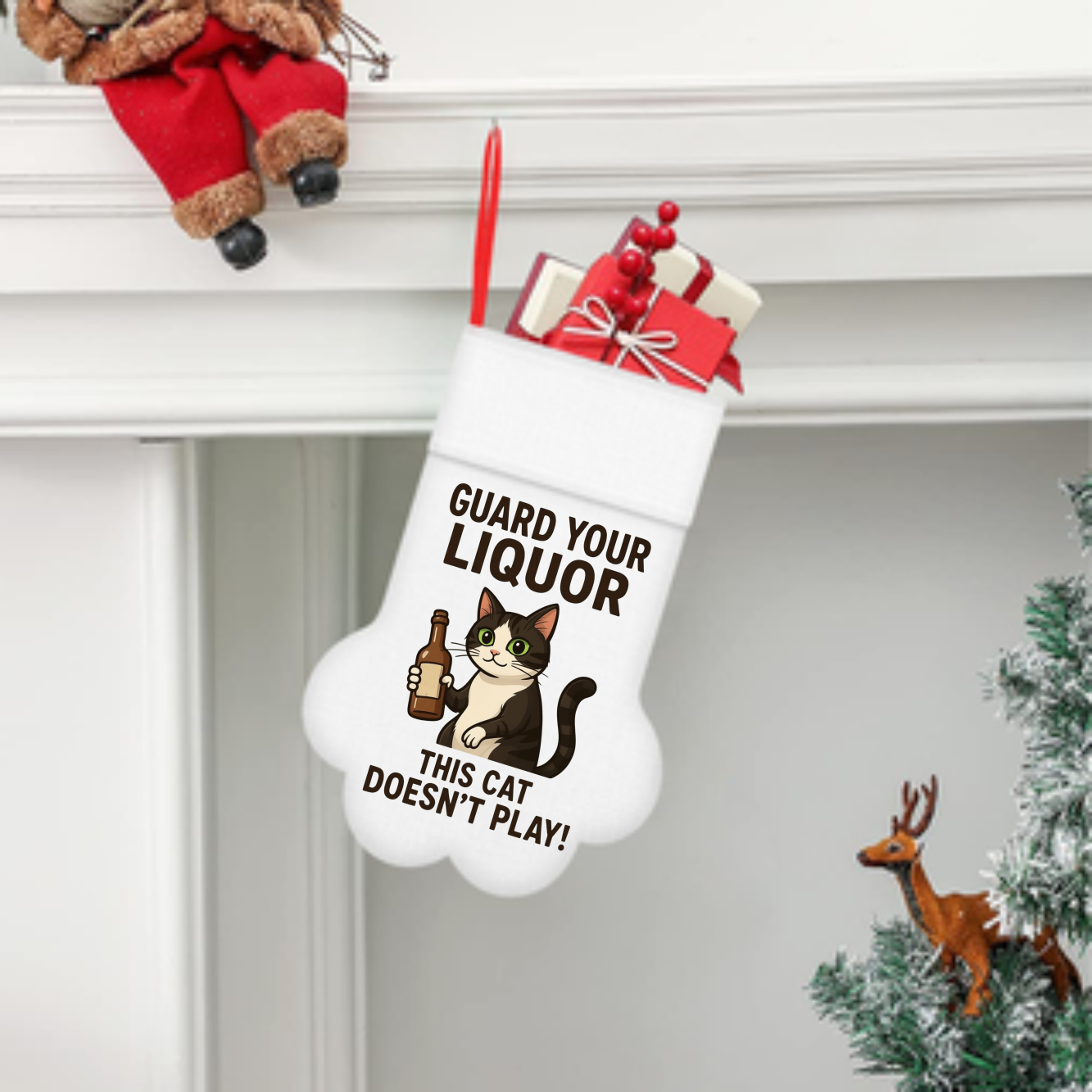Cat Christmas Stocking — "Guard Your Liquor, This Cat Doesn’t Play!" Novelty Holiday Stocking product thumbnail image