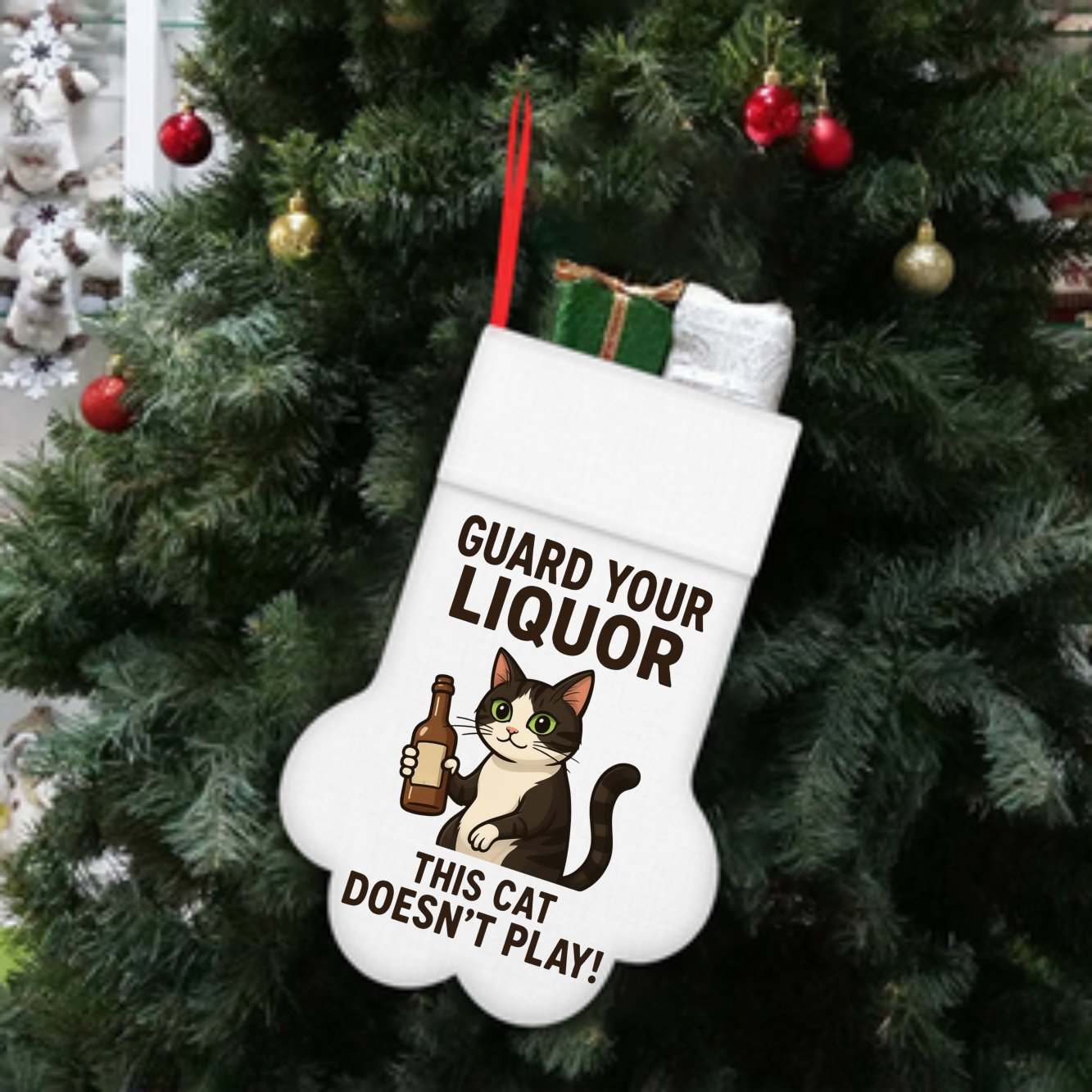 Cat Christmas Stocking — "Guard Your Liquor, This Cat Doesn’t Play!" Novelty Holiday Stocking product thumbnail image Cat Christmas Stocking — "Guard Your Liquor, This Cat Doesn’t Play!" Novelty Holiday Stocking product thumbnail image