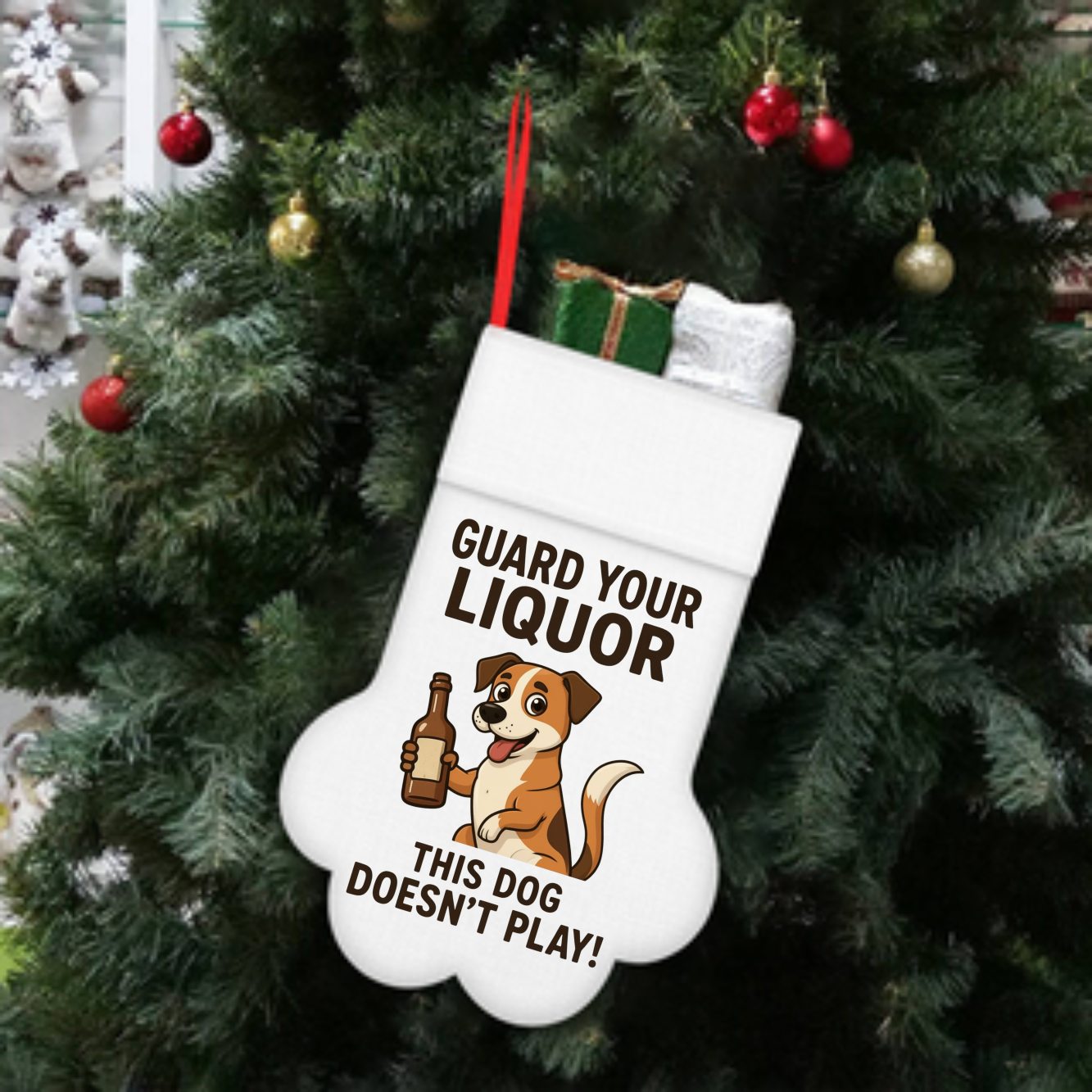 Christmas Stocking — "Guard Your Liquor, This Dog Doesn’t Play" Paw Print Stocking product thumbnail image Christmas Stocking — "Guard Your Liquor, This Dog Doesn’t Play" Paw Print Stocking product thumbnail image