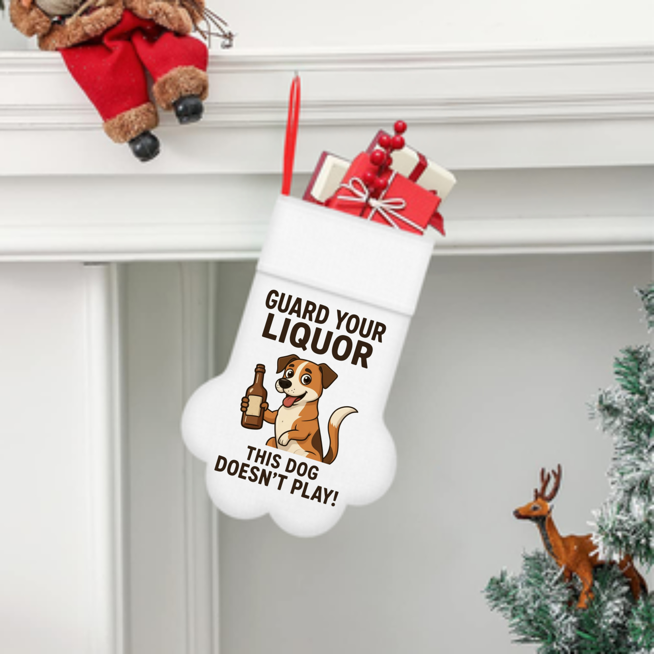 Christmas Stocking — "Guard Your Liquor, This Dog Doesn’t Play" Paw Print Stocking product thumbnail image Christmas Stocking — "Guard Your Liquor, This Dog Doesn’t Play" Paw Print Stocking product thumbnail image