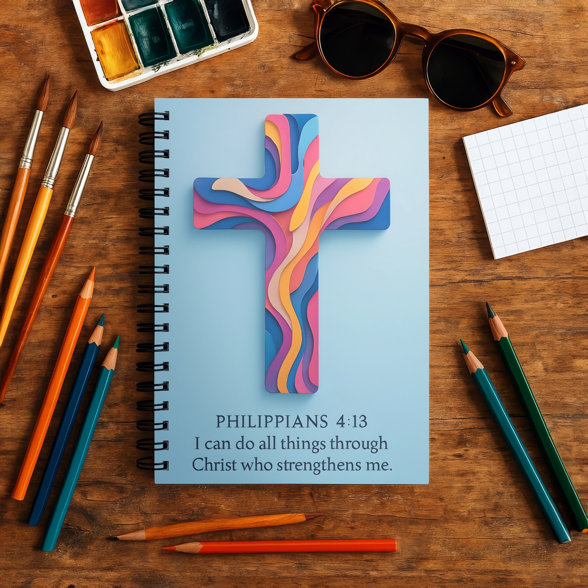 Christian Spiral Notebook Colorful Cross with Philippians 4:13 Ruled Journal product thumbnail image Christian Spiral Notebook Colorful Cross with Philippians 4:13 Ruled Journal product thumbnail image