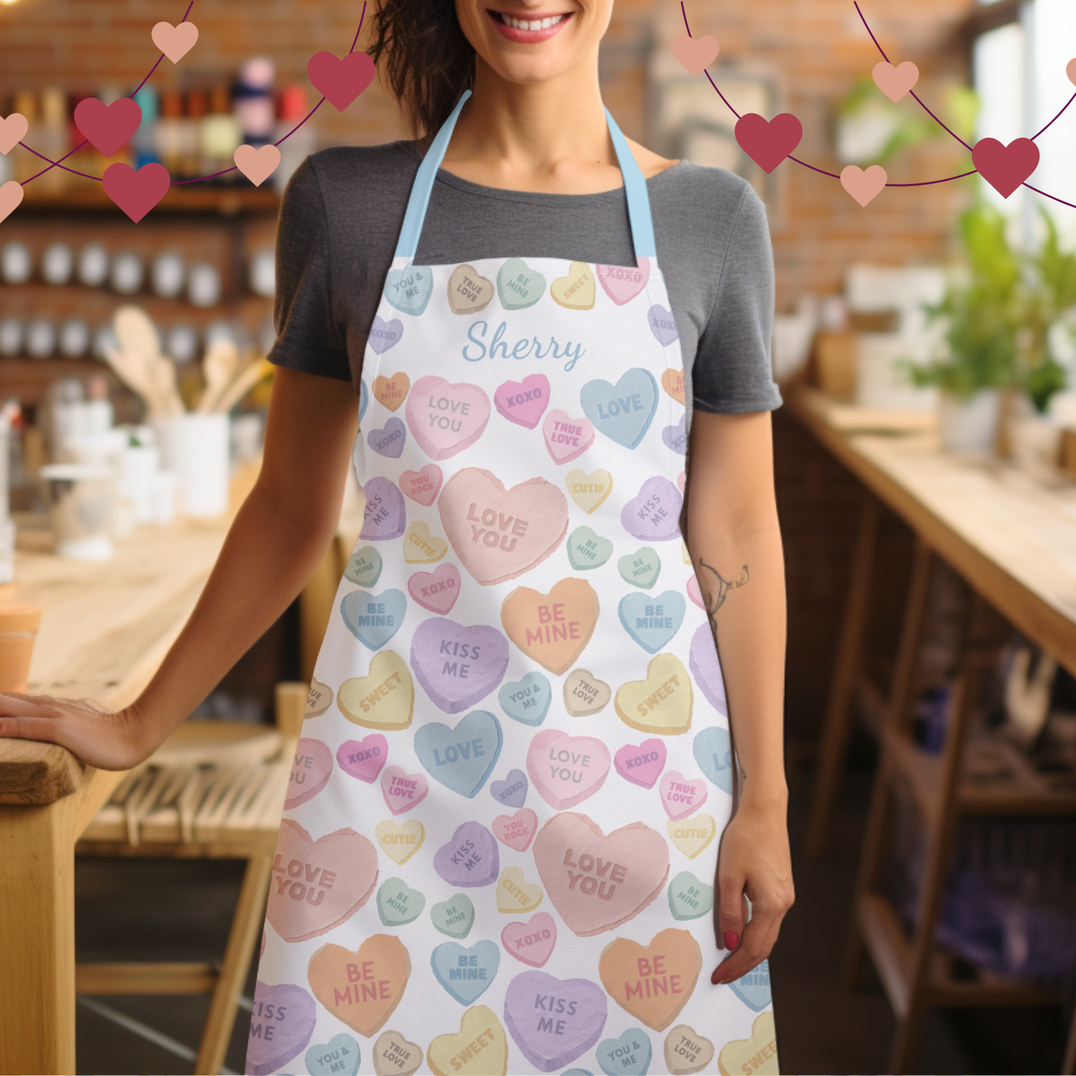 Valentine Candy Heart Pattern Apron | Personalized Name Kitchen Smock product thumbnail image Valentine Candy Heart Pattern Apron | Personalized Name Kitchen Smock product thumbnail image