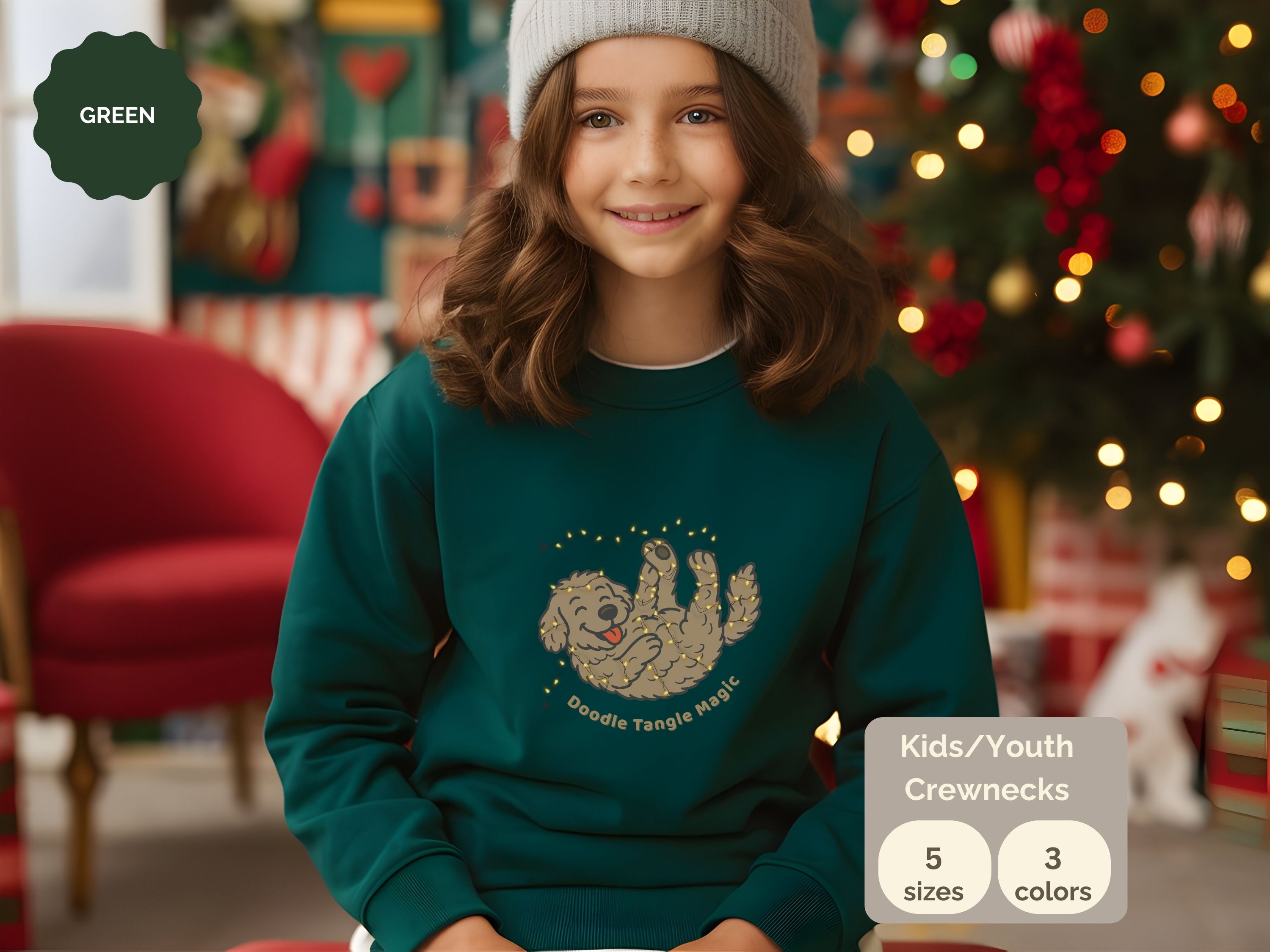 Goldendoodle Christmas Lights Kids Sweatshirt, Cute Dog Lover Ultrasoft Durable Fleece Sweater for Kids