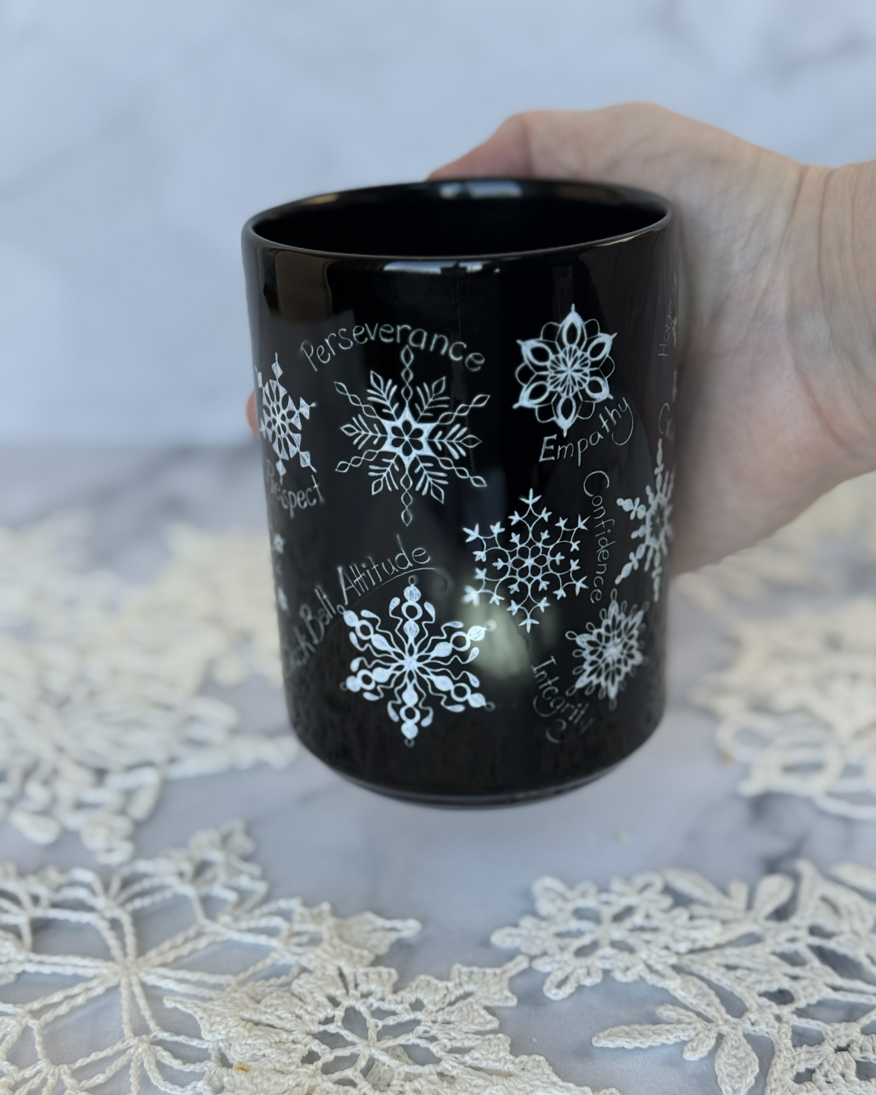 Contemplations Snowflake Black 15oz Mug — Perseverance, Strength & Gratitude product thumbnail image Contemplations Snowflake Black 15oz Mug — Perseverance, Strength & Gratitude product thumbnail image