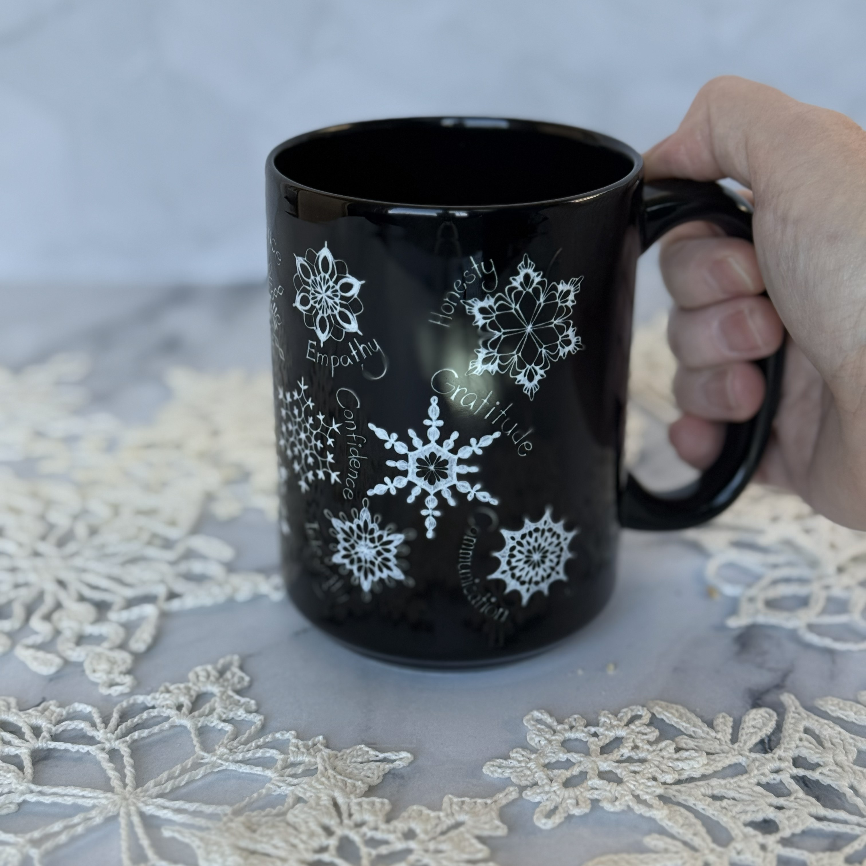 Contemplations Snowflake Black 15oz Mug — Perseverance, Strength & Gratitude product thumbnail image Contemplations Snowflake Black 15oz Mug — Perseverance, Strength & Gratitude product thumbnail image