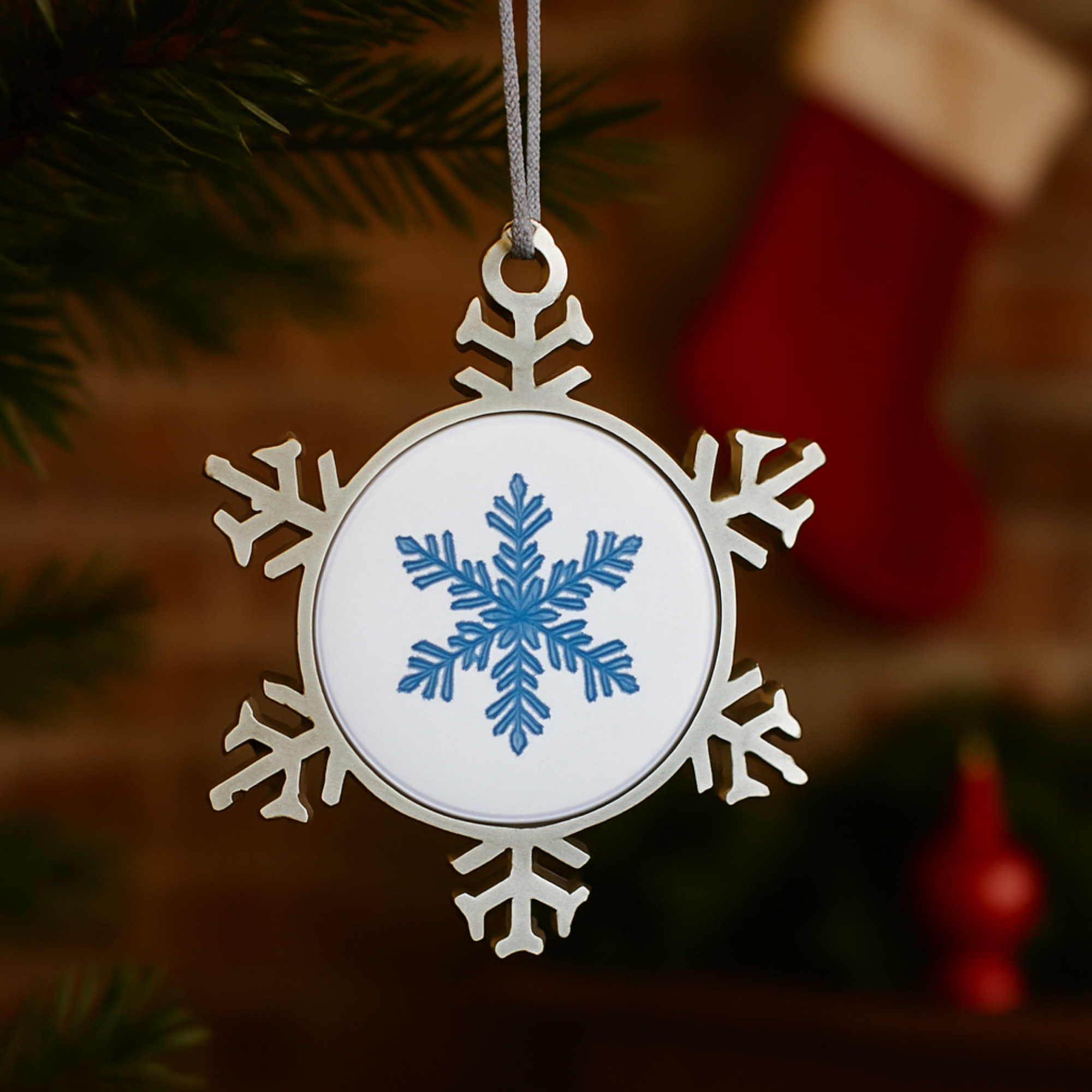 Pewter Snowflake Ornament with Blue Snowflake Design Winter Holiday Tree Decoration Elegant Metal Christmas Ornament Gift Keepsake product thumbnail image