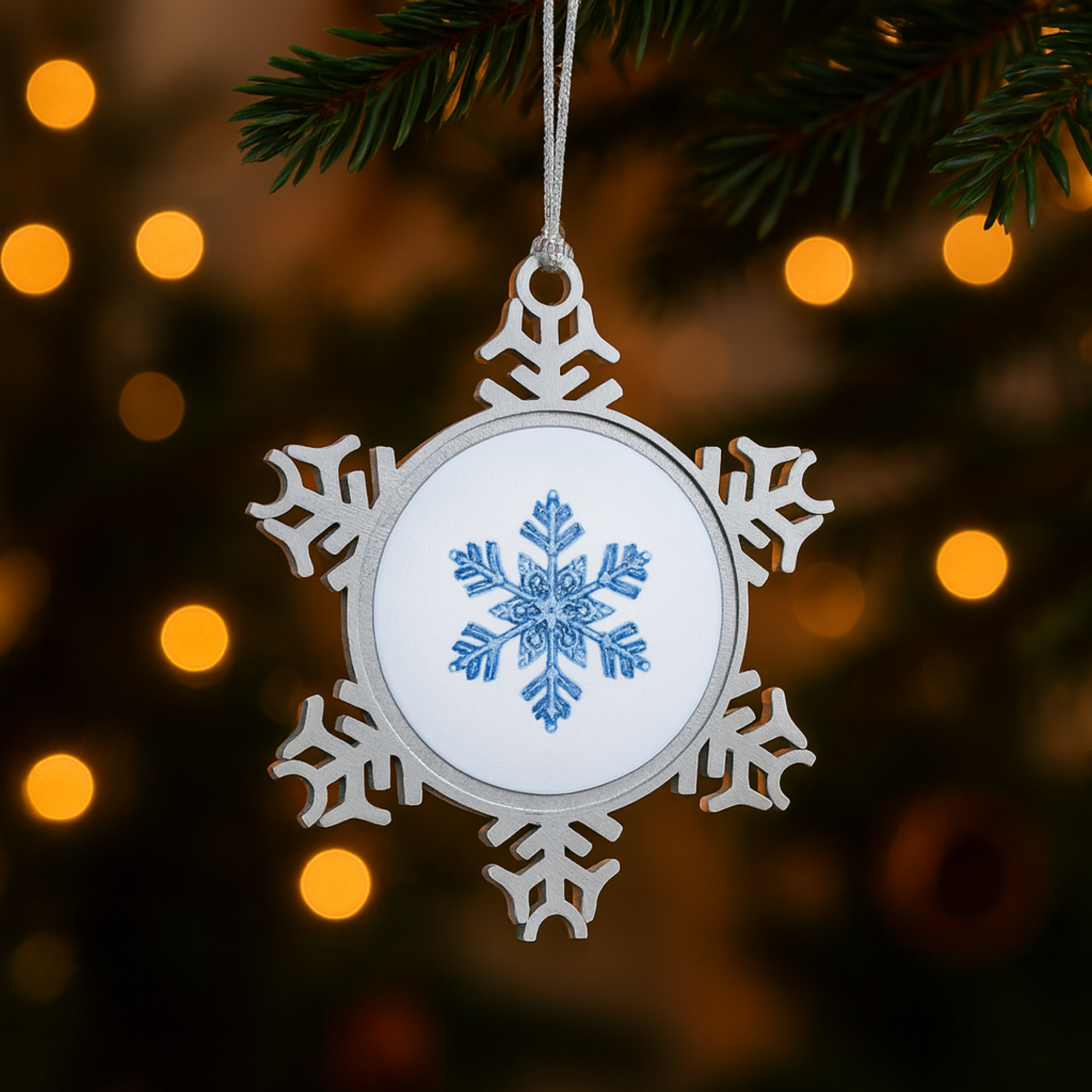 Pewter Snowflake Ornament with Blue Snowflake Design Winter Holiday Tree Decoration Elegant Metal Christmas Ornament Gift Keepsake product thumbnail image