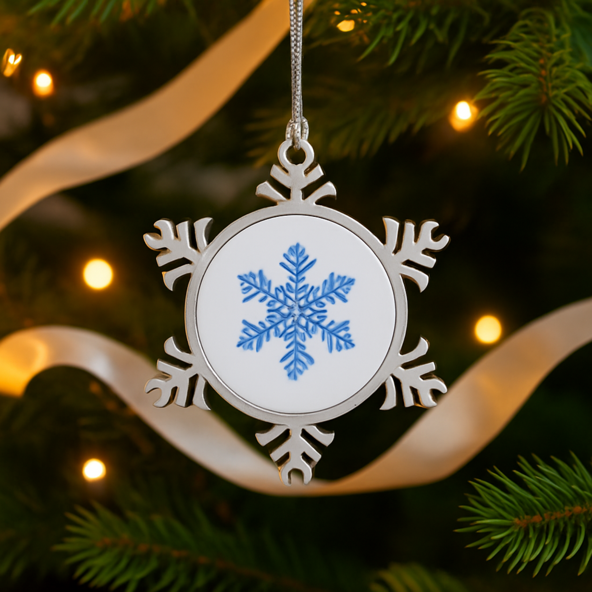 Pewter Snowflake Ornament with Blue Snowflake Design Winter Holiday Tree Decoration Elegant Metal Christmas Ornament Gift Keepsake product thumbnail image