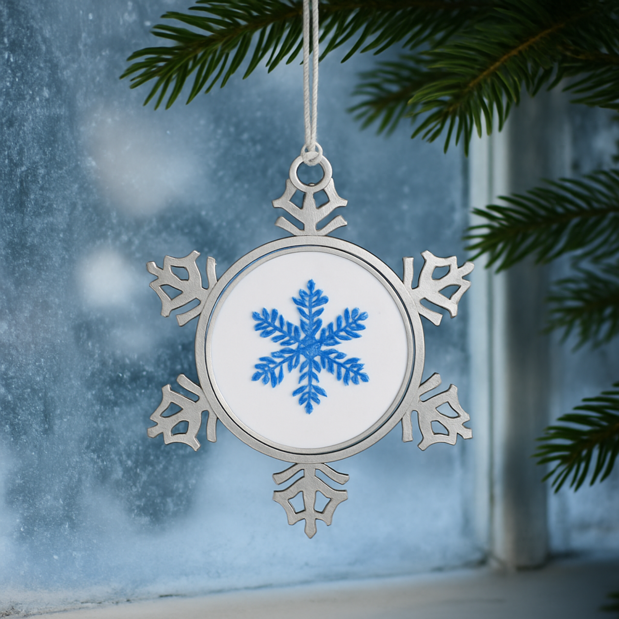 Pewter Snowflake Ornament with Blue Snowflake Design Winter Holiday Tree Decoration Elegant Metal Christmas Ornament Gift Keepsake product thumbnail image