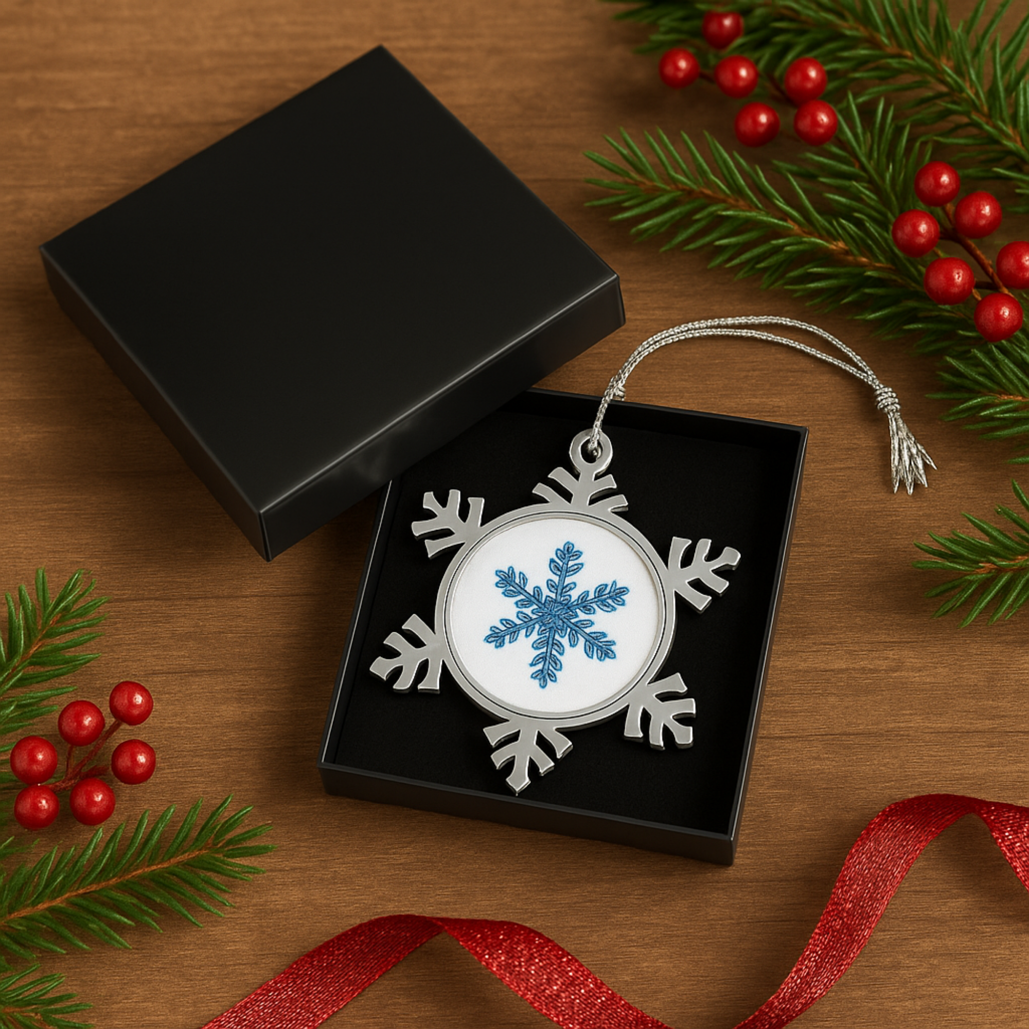 Pewter Snowflake Ornament with Blue Snowflake Design Winter Holiday Tree Decoration Elegant Metal Christmas Ornament Gift Keepsake product thumbnail image