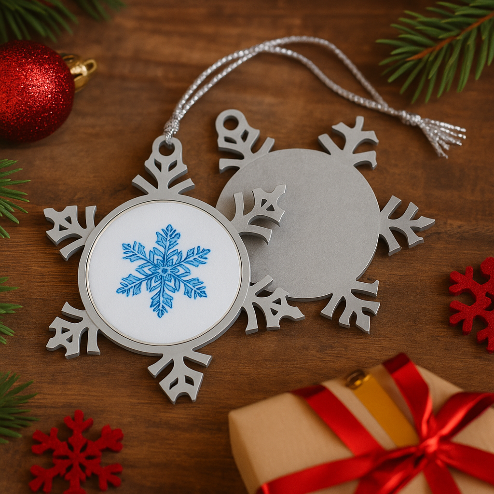 Pewter Snowflake Ornament with Blue Snowflake Design Winter Holiday Tree Decoration Elegant Metal Christmas Ornament Gift Keepsake product thumbnail image
