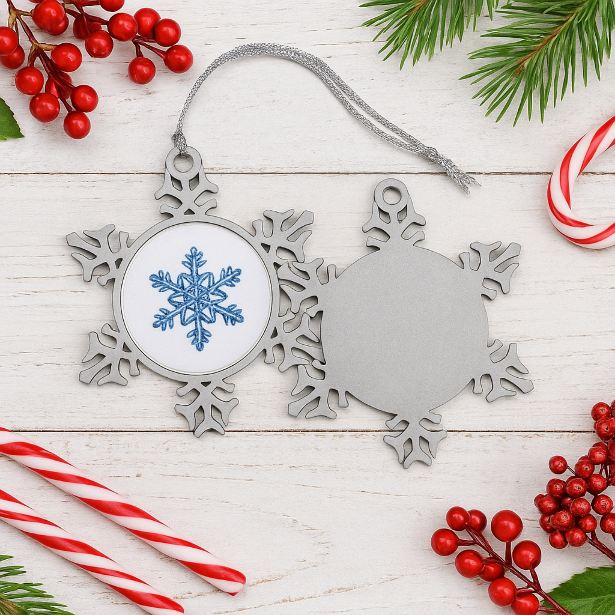 Pewter Snowflake Ornament with Blue Snowflake Design Winter Holiday Tree Decoration Elegant Metal Christmas Ornament Gift Keepsake product thumbnail image