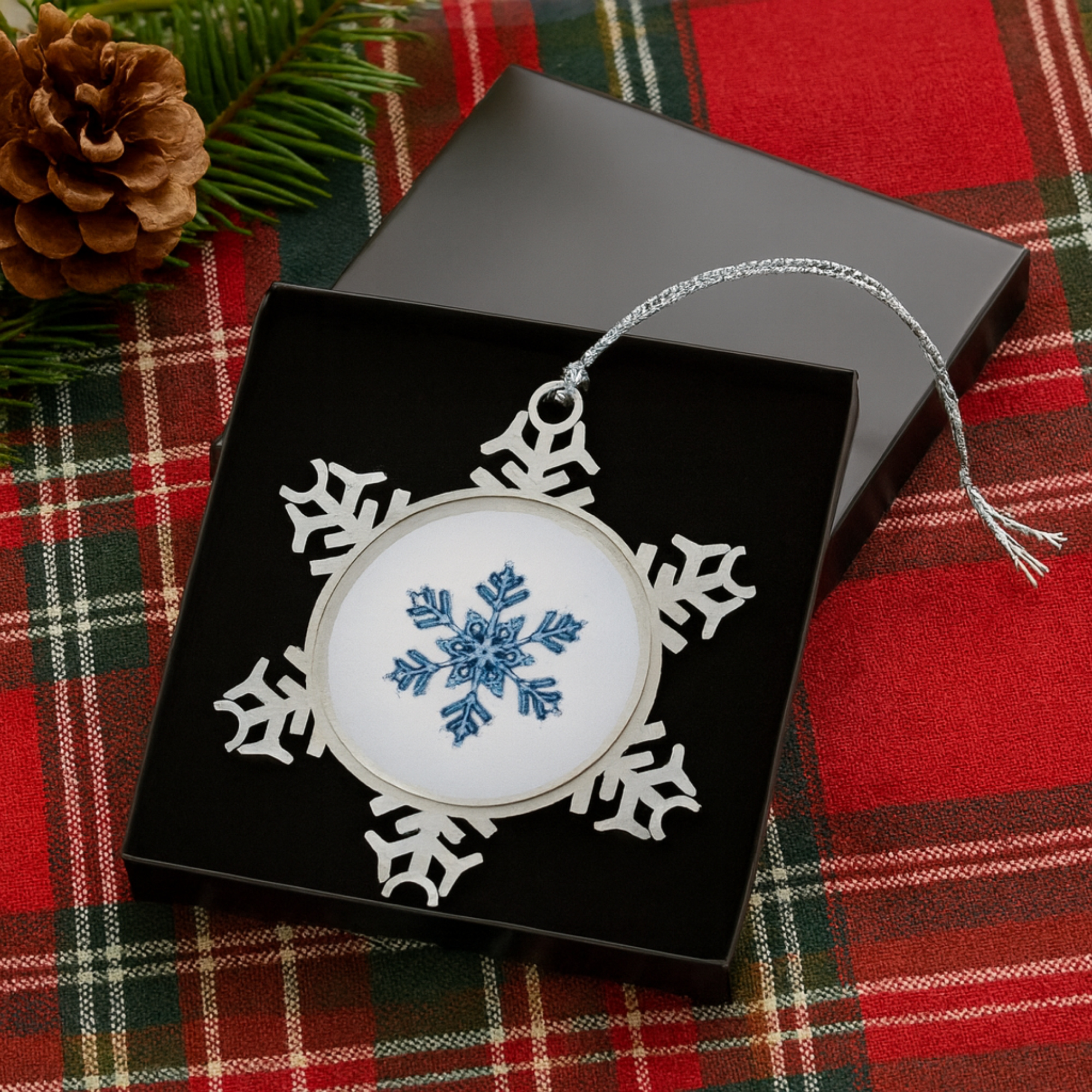 Pewter Snowflake Ornament with Blue Snowflake Design Winter Holiday Tree Decoration Elegant Metal Christmas Ornament Gift Keepsake product thumbnail image