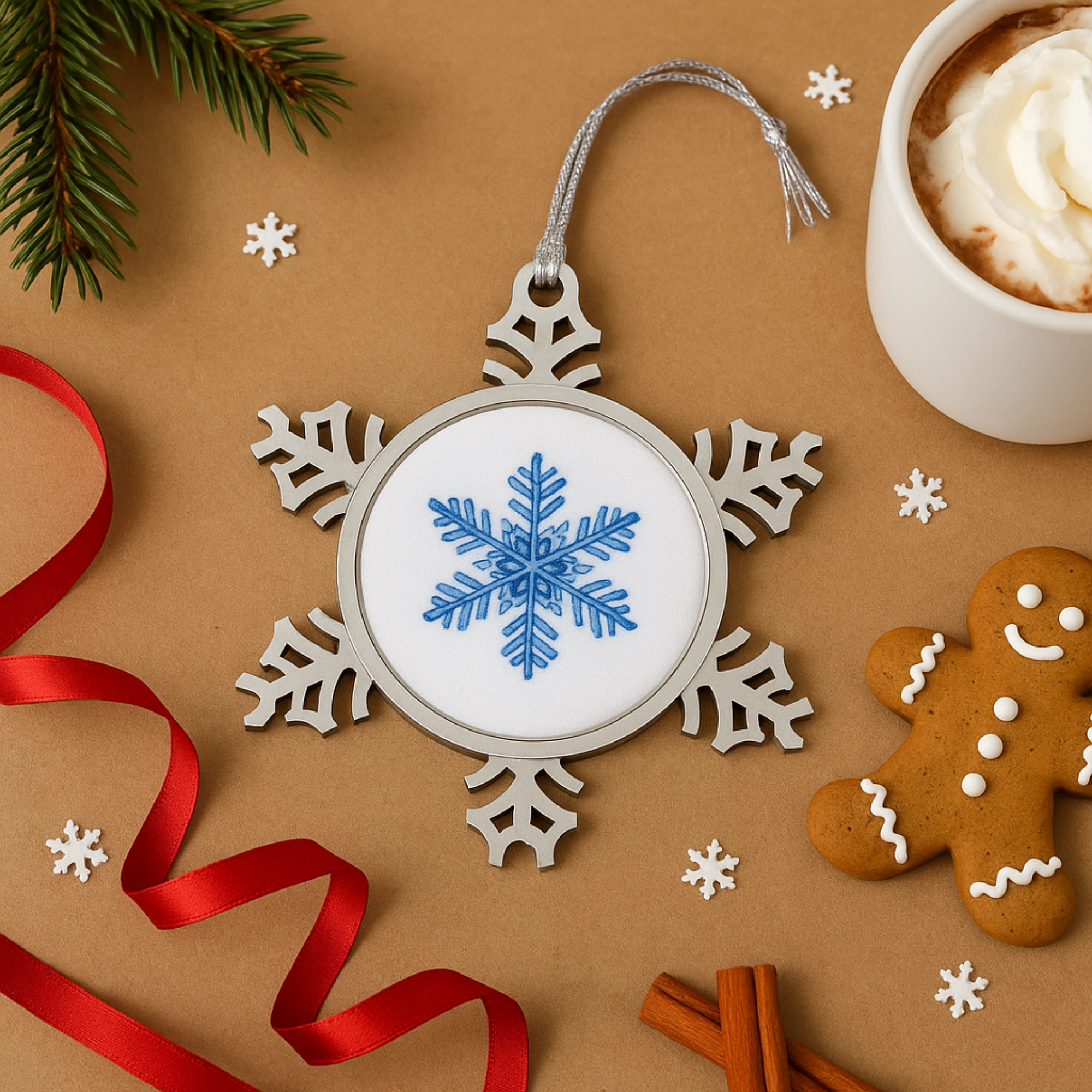 Pewter Snowflake Ornament with Blue Snowflake Design Winter Holiday Tree Decoration Elegant Metal Christmas Ornament Gift Keepsake product thumbnail image