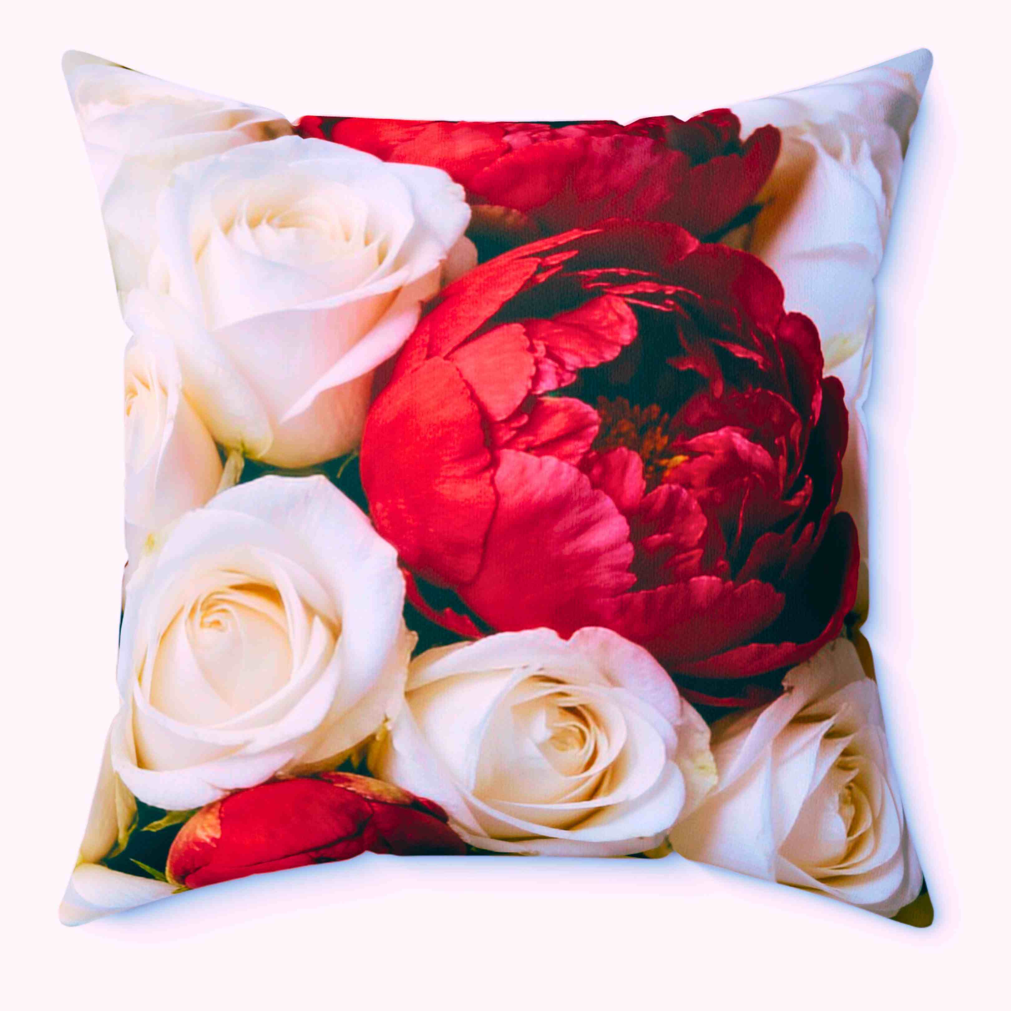 Red Peony and White Roses Pillow | Floral Square Cushion product thumbnail image
