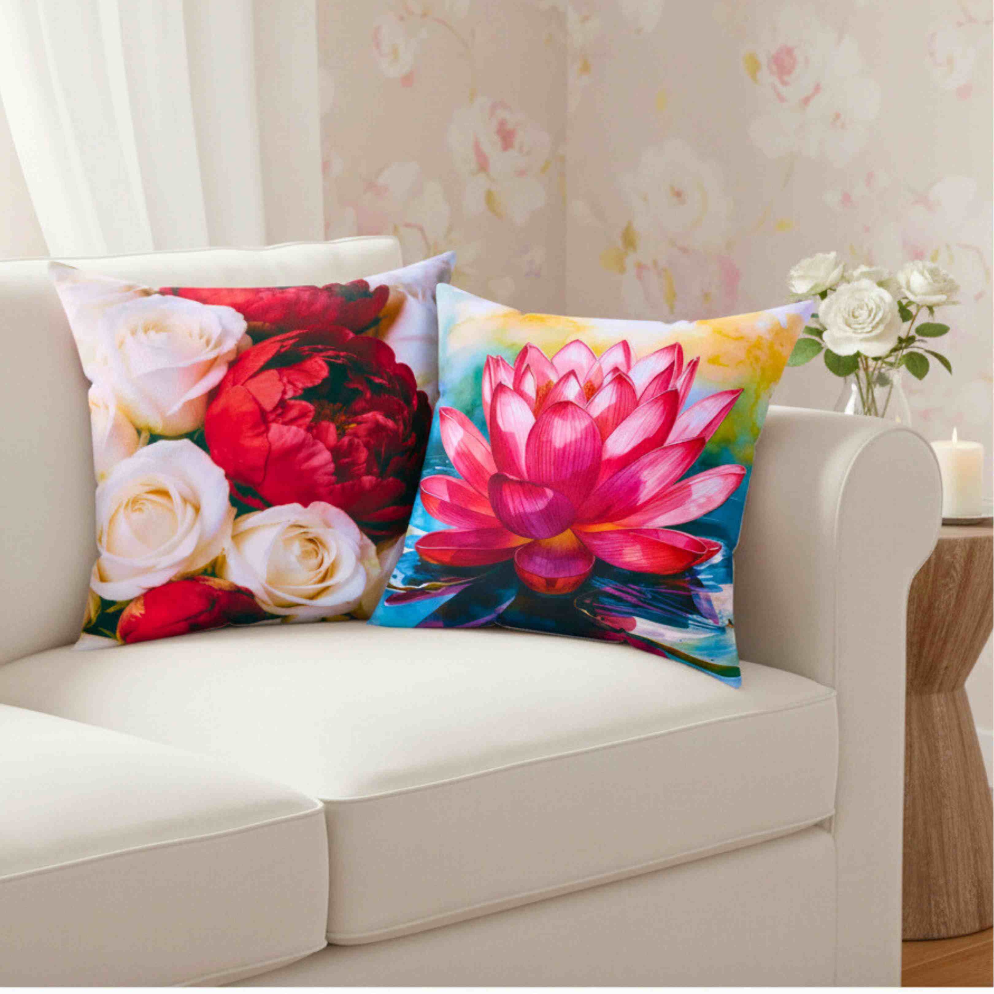 Red Peony and White Roses Pillow | Floral Square Cushion product thumbnail image Red Peony and White Roses Pillow | Floral Square Cushion product thumbnail image