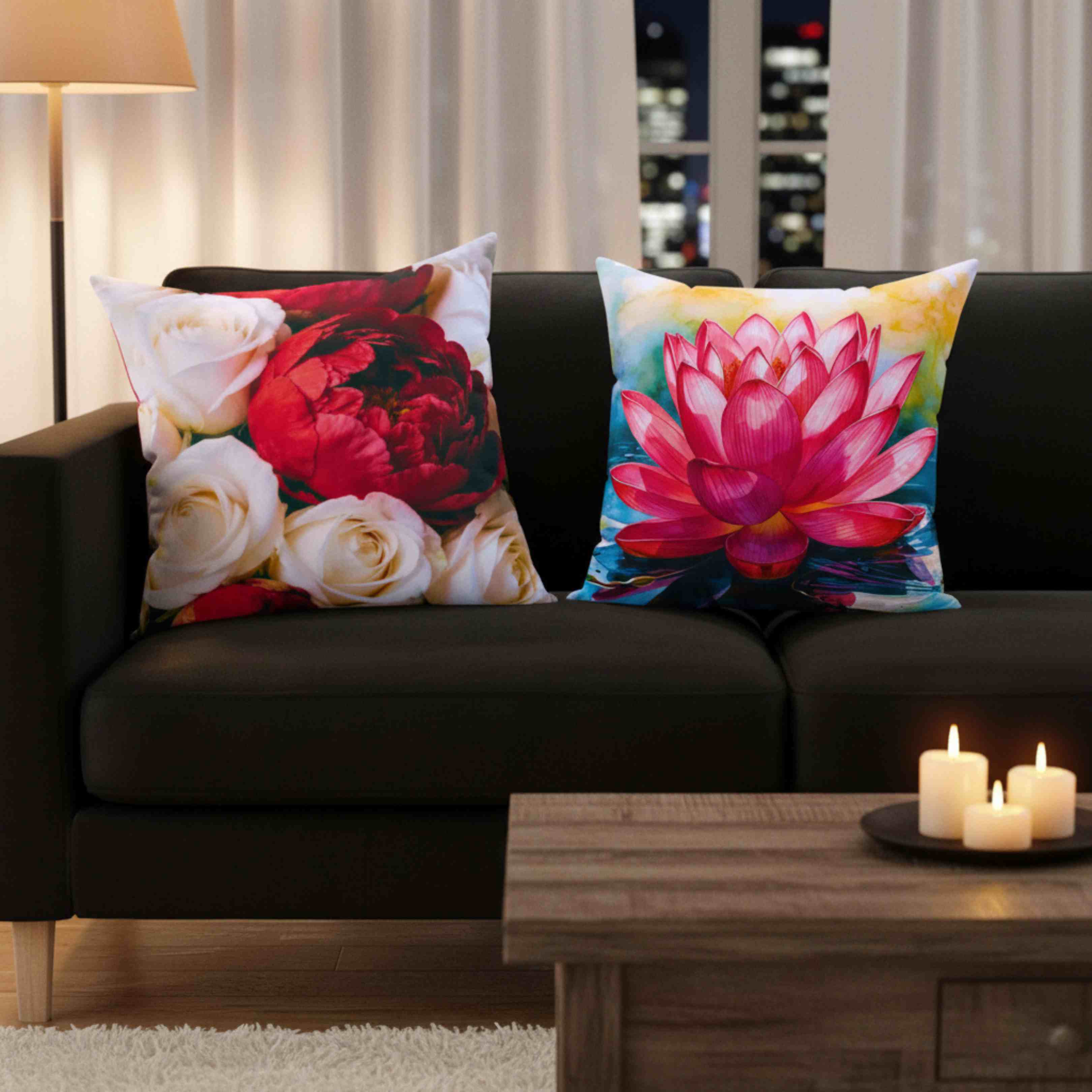 Red Peony and White Roses Pillow | Floral Square Cushion product thumbnail image Red Peony and White Roses Pillow | Floral Square Cushion product thumbnail image