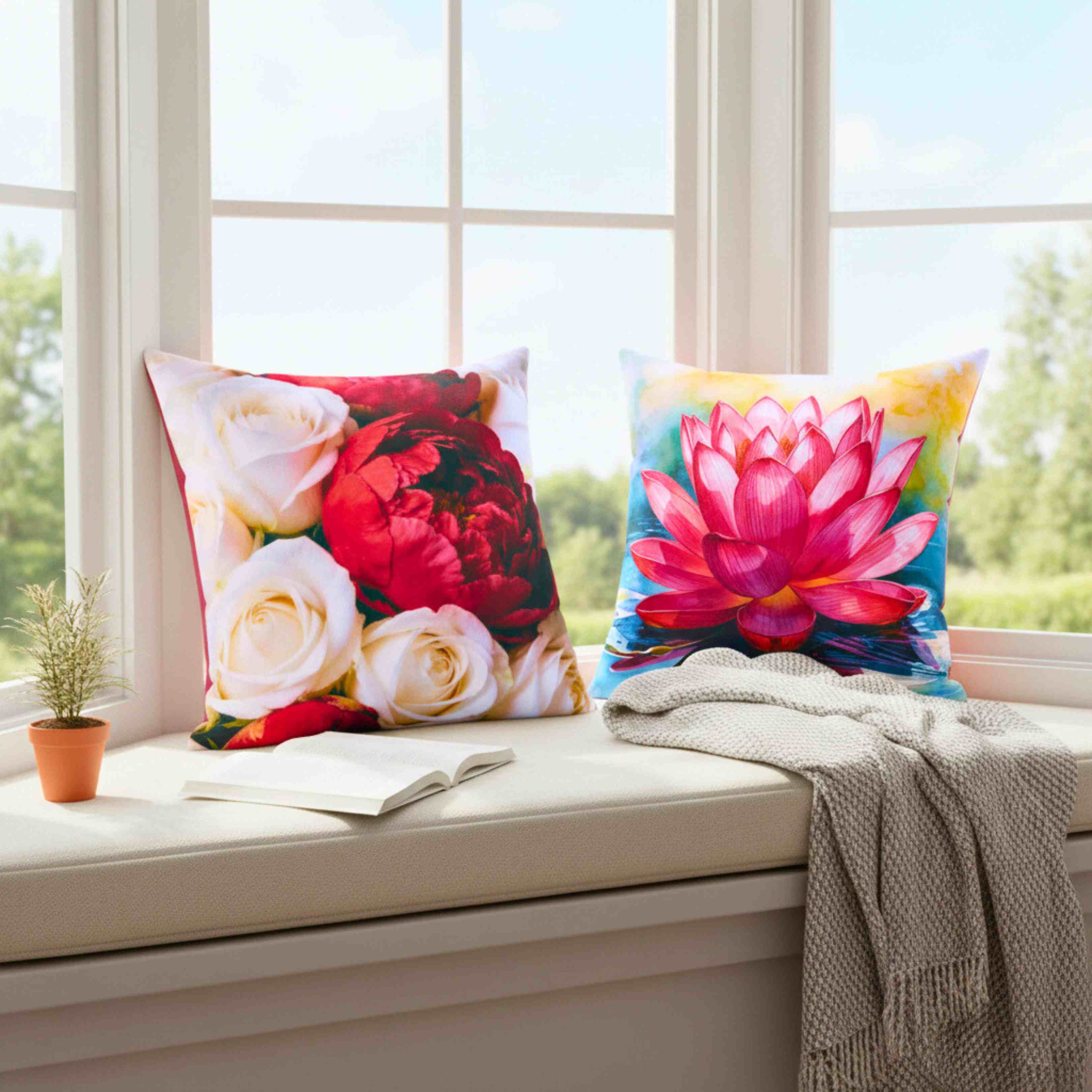 Red Peony and White Roses Pillow | Floral Square Cushion product thumbnail image