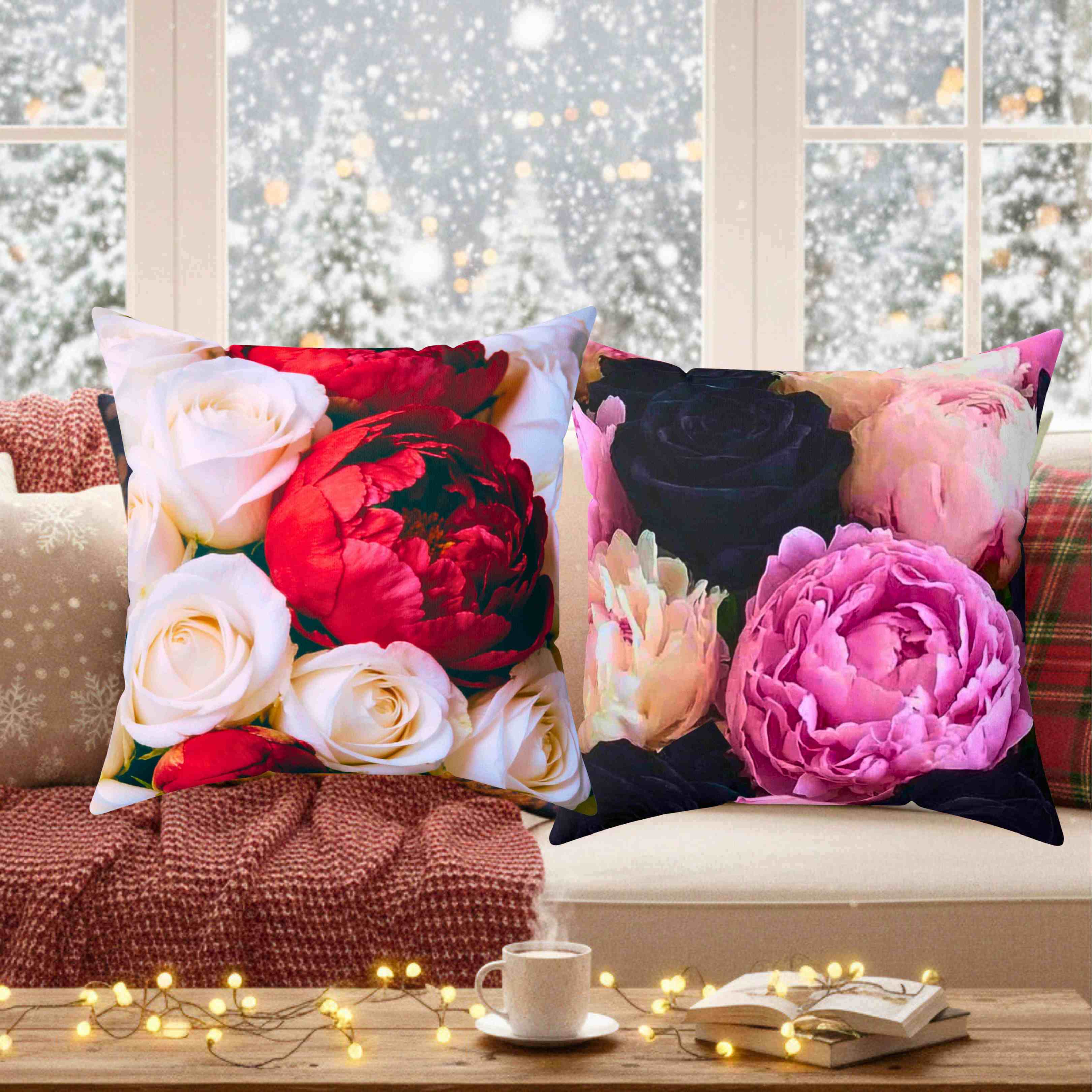 Red Peony and White Roses Pillow | Floral Square Cushion product thumbnail image Red Peony and White Roses Pillow | Floral Square Cushion product thumbnail image