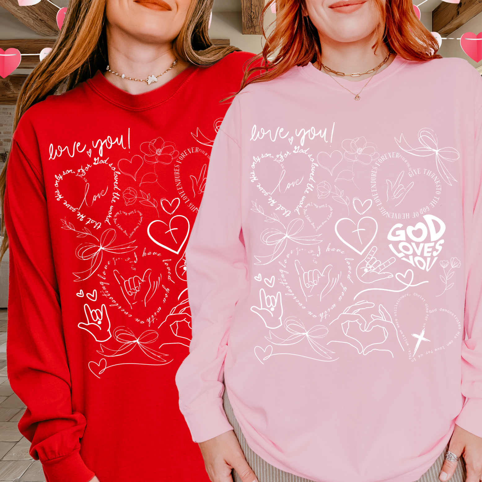 God Loves You Valentine Doodle Long Sleeve T-Shirt | Faith ASL product thumbnail image God Loves You Valentine Doodle Long Sleeve T-Shirt | Faith ASL product thumbnail image