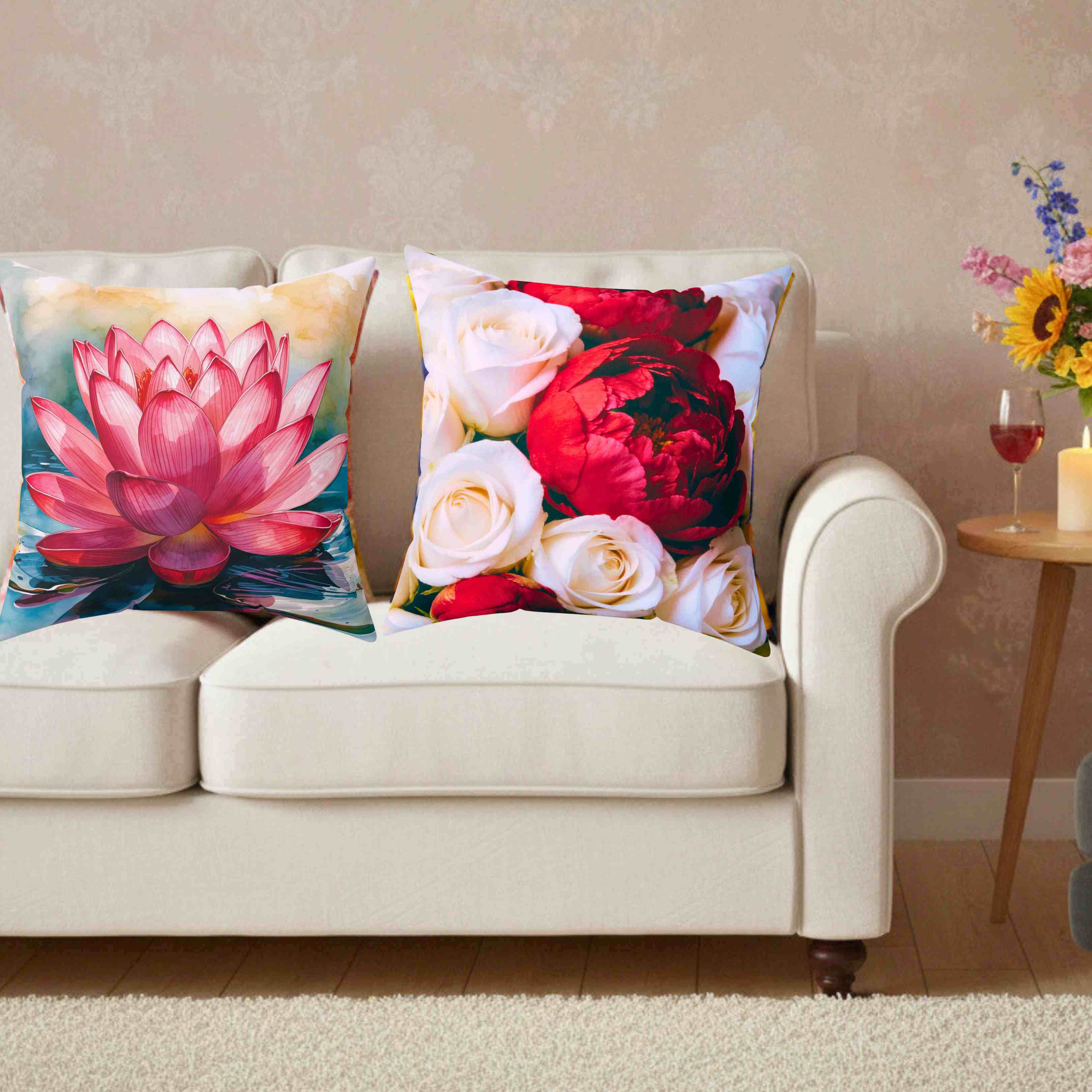 Red Peony and White Roses Pillow | Floral Square Cushion product thumbnail image