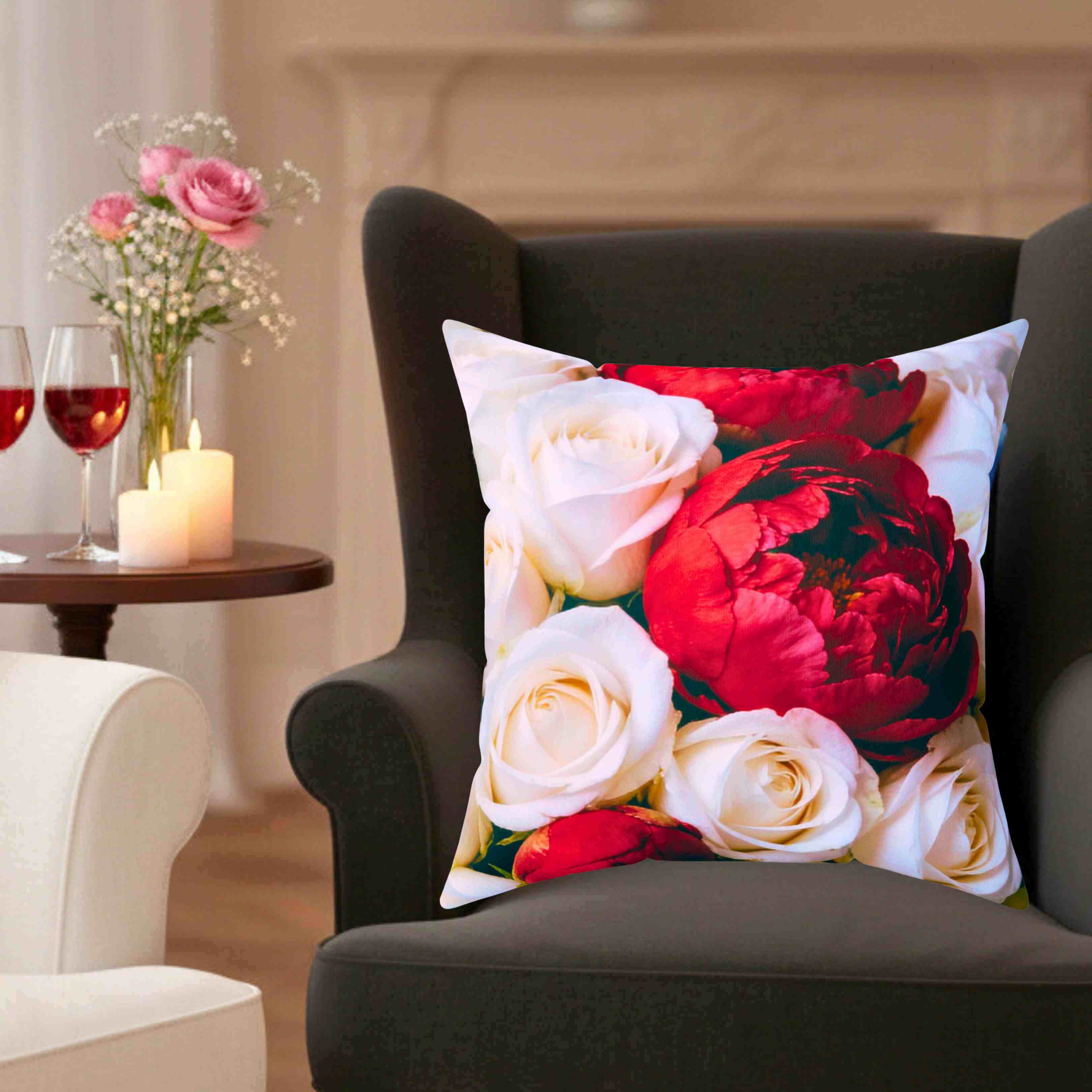 Red Peony and White Roses Pillow | Floral Square Cushion product thumbnail image