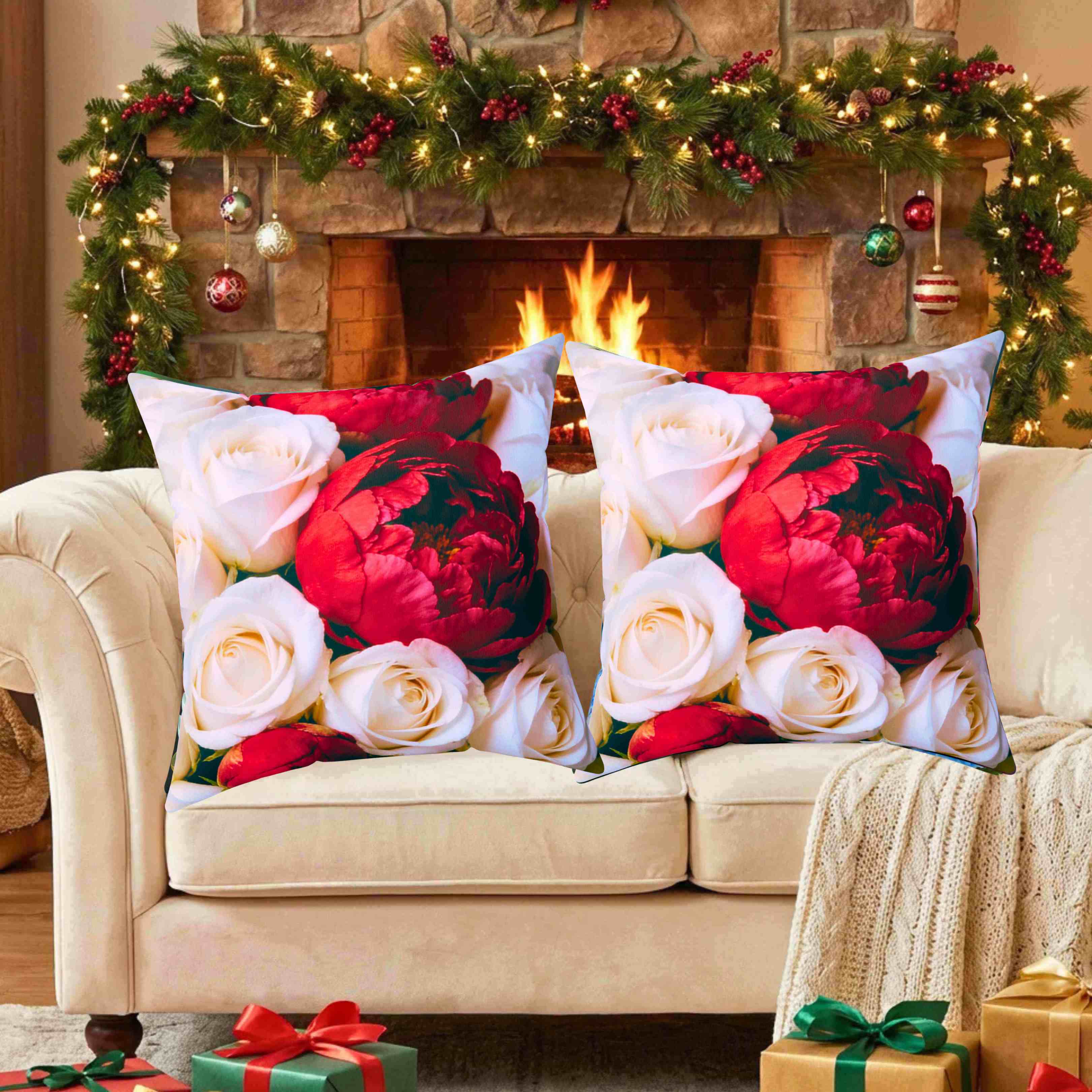 Red Peony and White Roses Pillow | Floral Square Cushion product thumbnail image