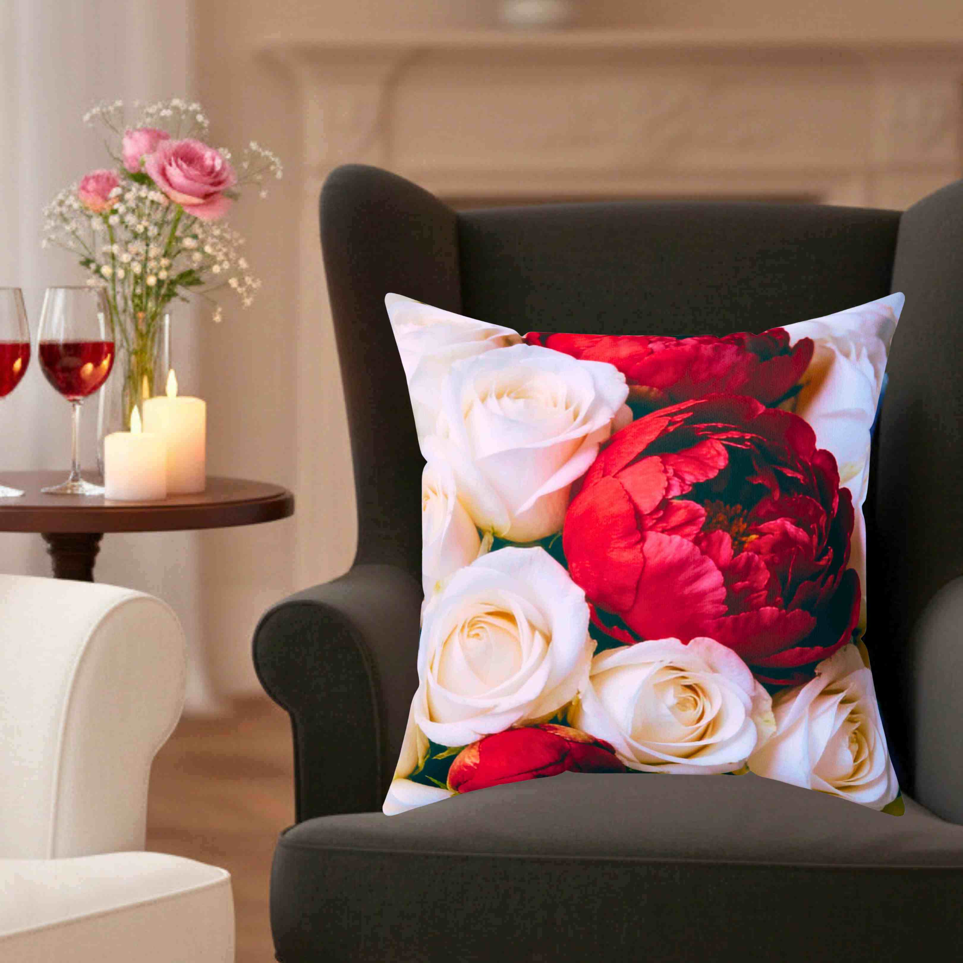 Red Peony and White Roses Pillow | Floral Square Cushion