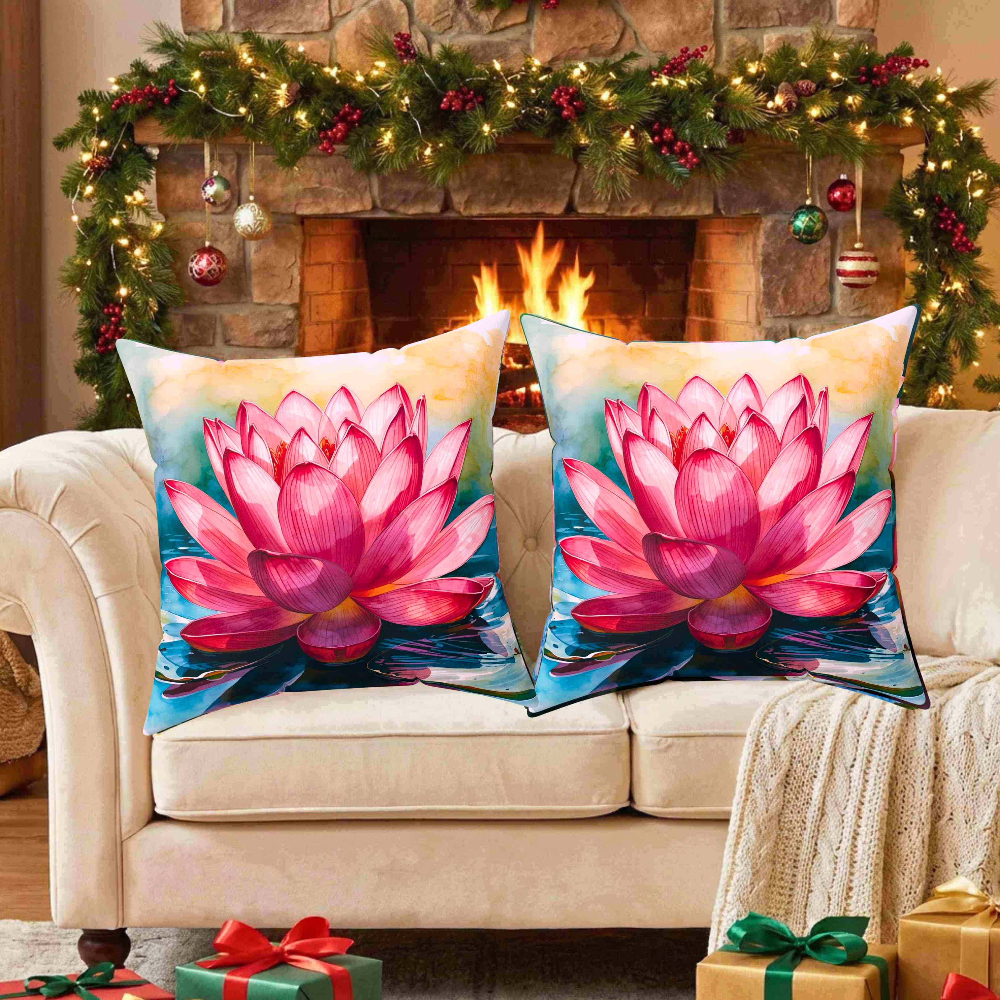 Pink Lotus Flower Pillow | Square Polyester Cushion product thumbnail image
