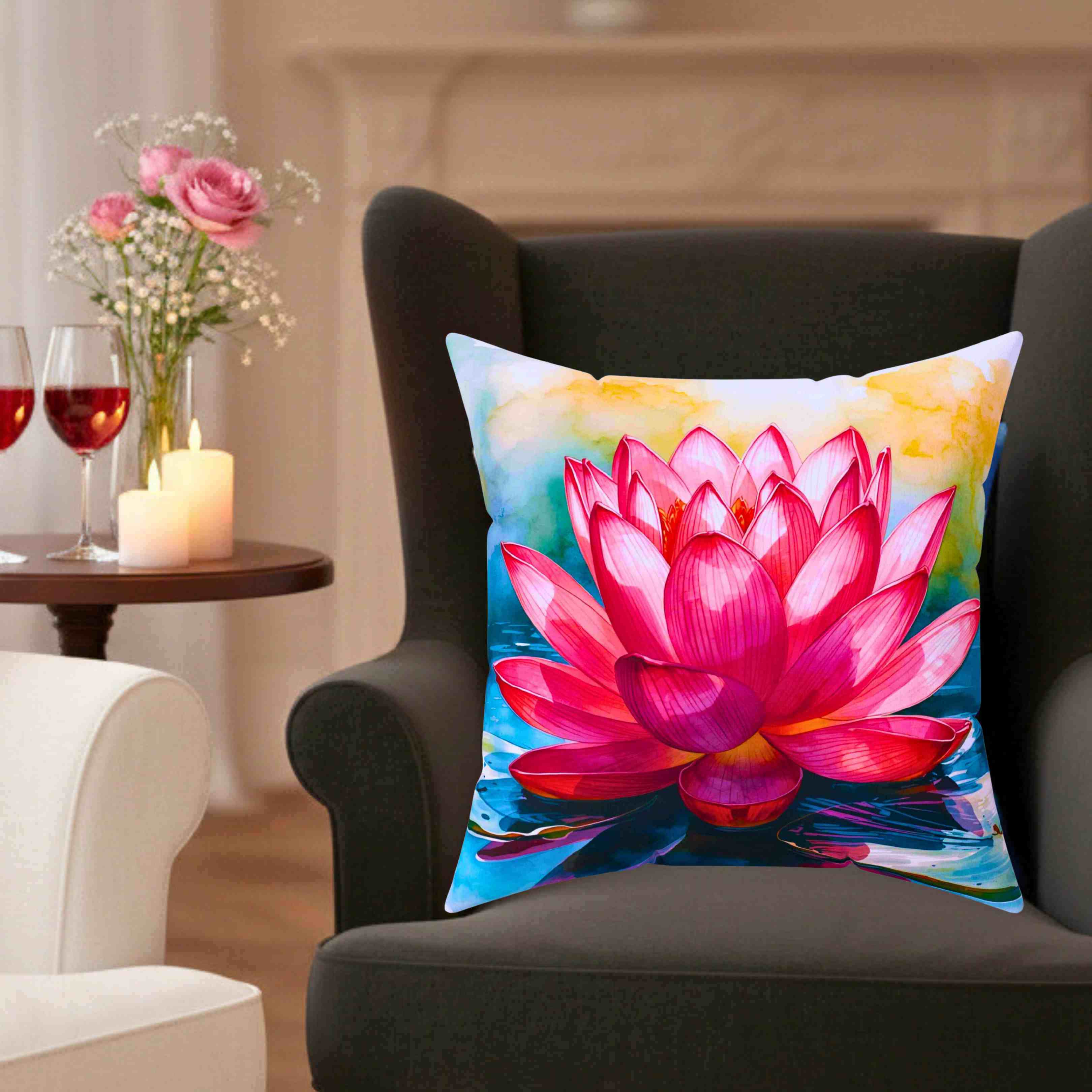 Pink Lotus Flower Pillow | Square Polyester Cushion product thumbnail image