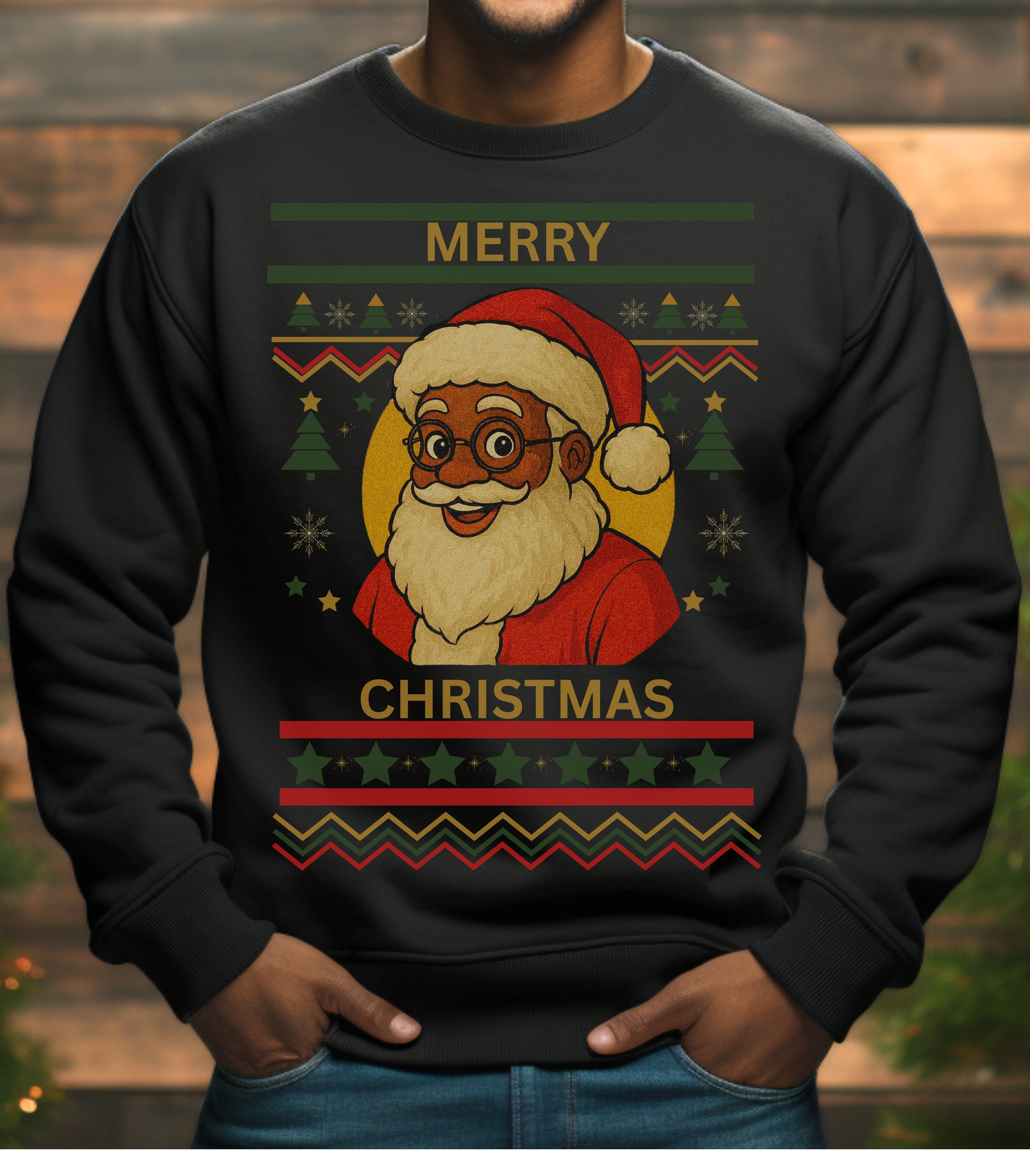 Black Santa Claus Merry Christmas Sweatshirt | Retro Ugly Christmas Sweater Design
