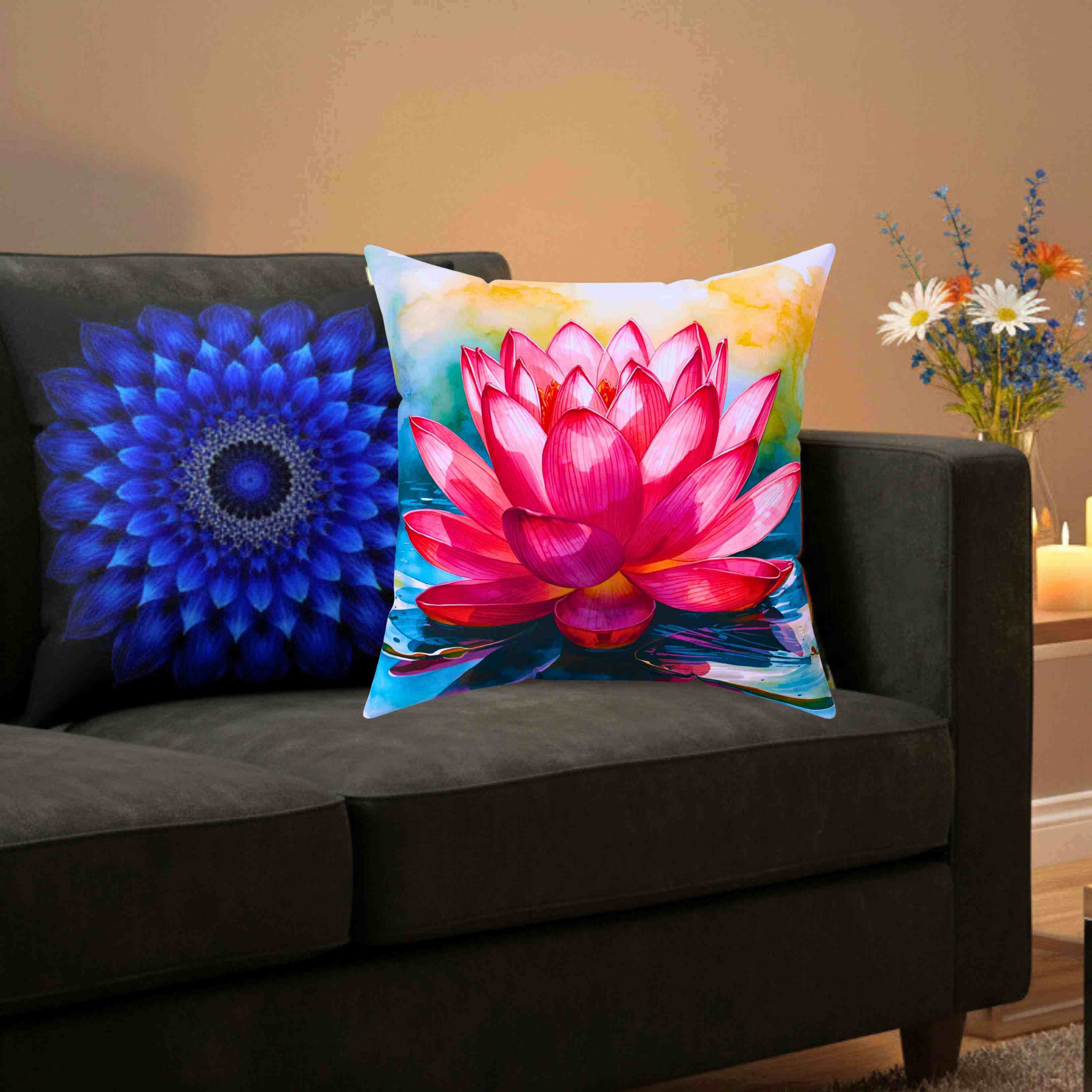 Pink Lotus Flower Pillow | Square Polyester Cushion product thumbnail image