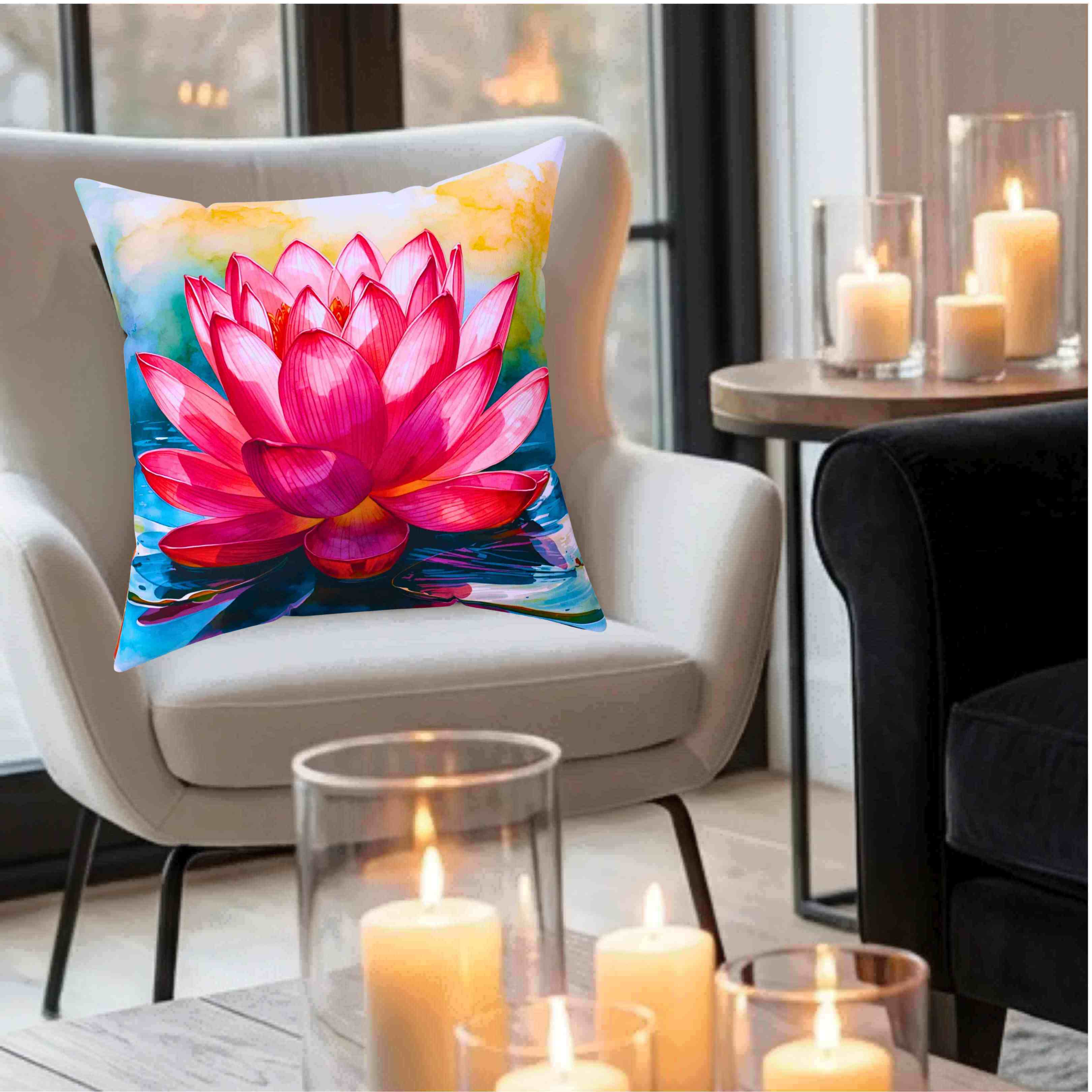 Pink Lotus Flower Pillow | Square Polyester Cushion product thumbnail image