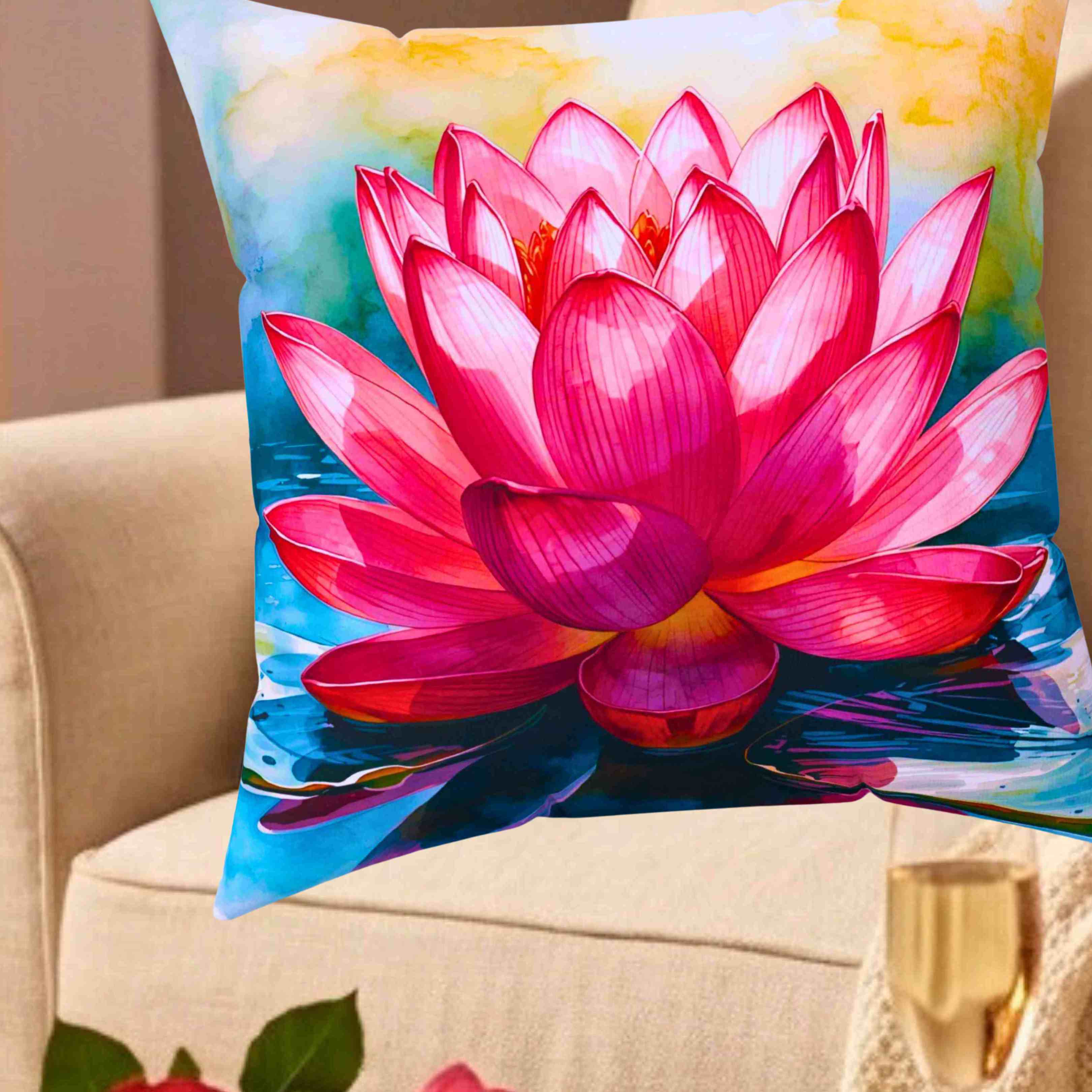 Pink Lotus Flower Pillow | Square Polyester Cushion