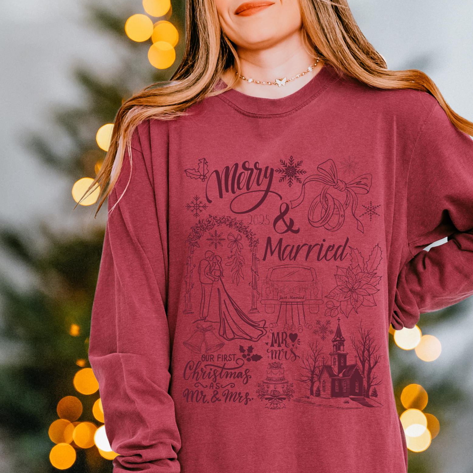 Merry &amp; Married Custom Dated Doodle Long Sleeve T-Shirt | Our First Christmas product thumbnail image