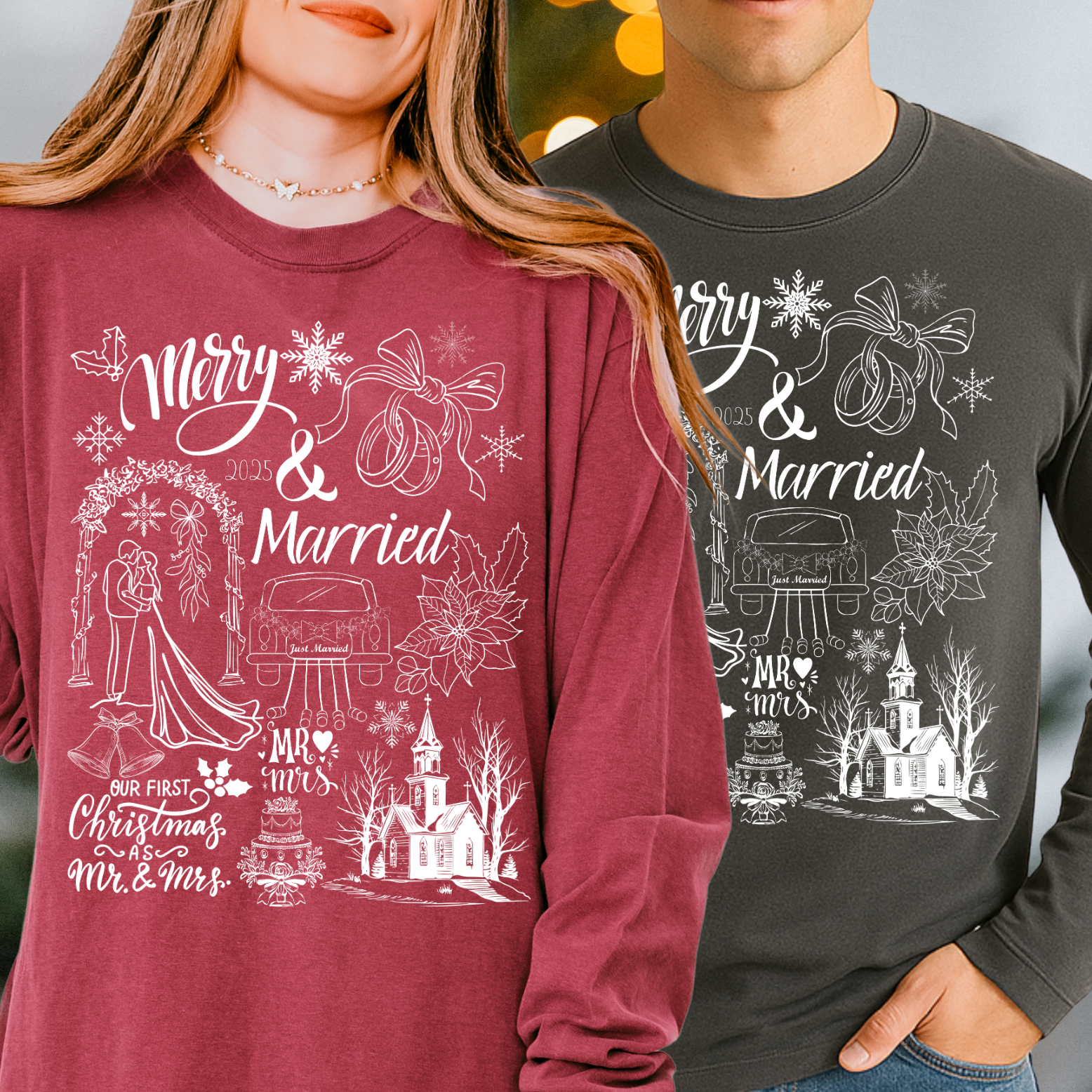 Merry &amp; Married Christmas White Dated Doodle long sleeve shirt | First Christmas tee product thumbnail image
