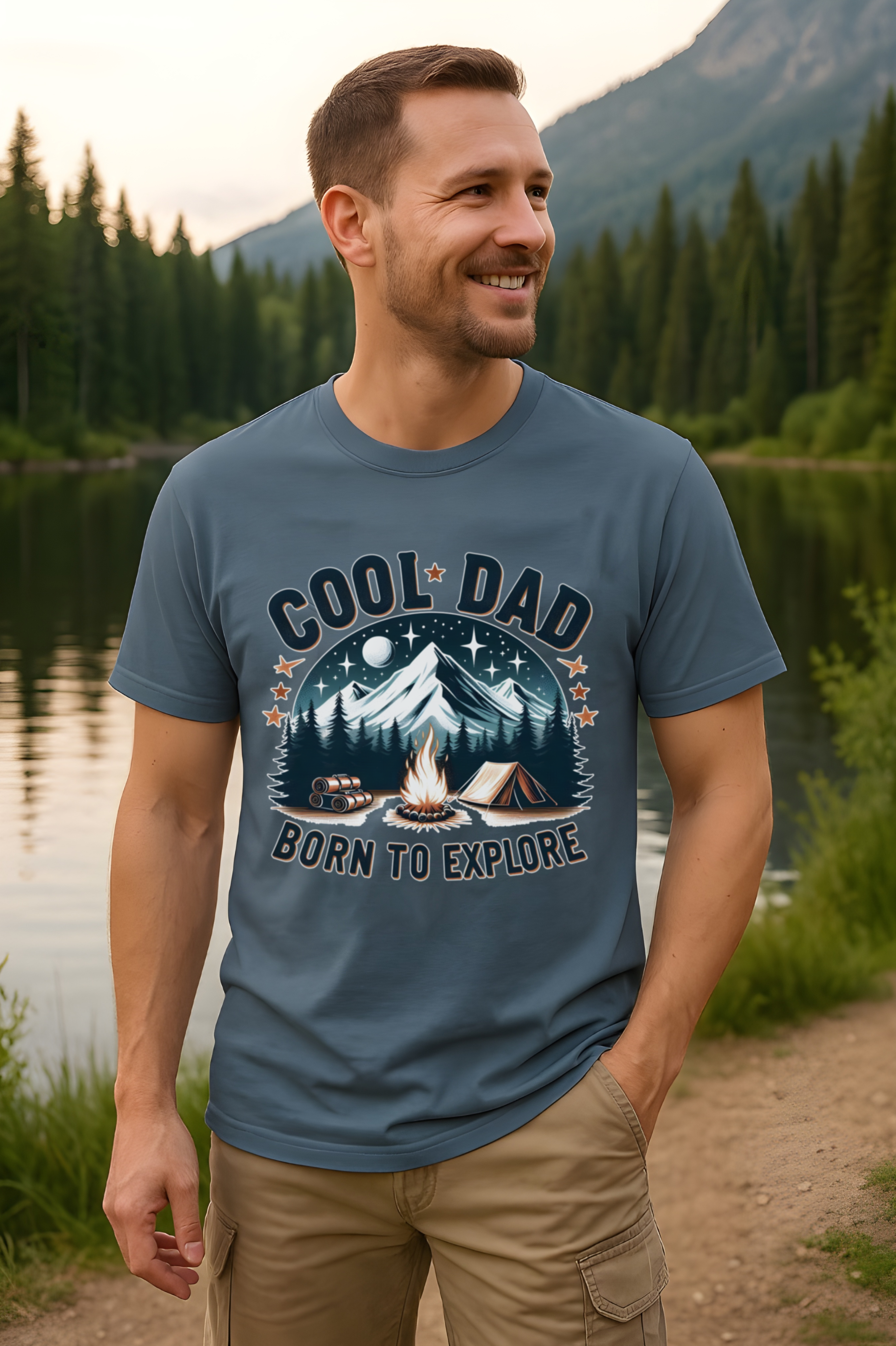 Cool Dad Camping Shirt • Born to Explore Outdoor Adventure SoftstyleTee • Father’s Day Gift for Outdoorsy Dad • Hiking &amp; Camping Graphic T-Shirt for Men • Mountain Campfire Vintage Dad Shirt