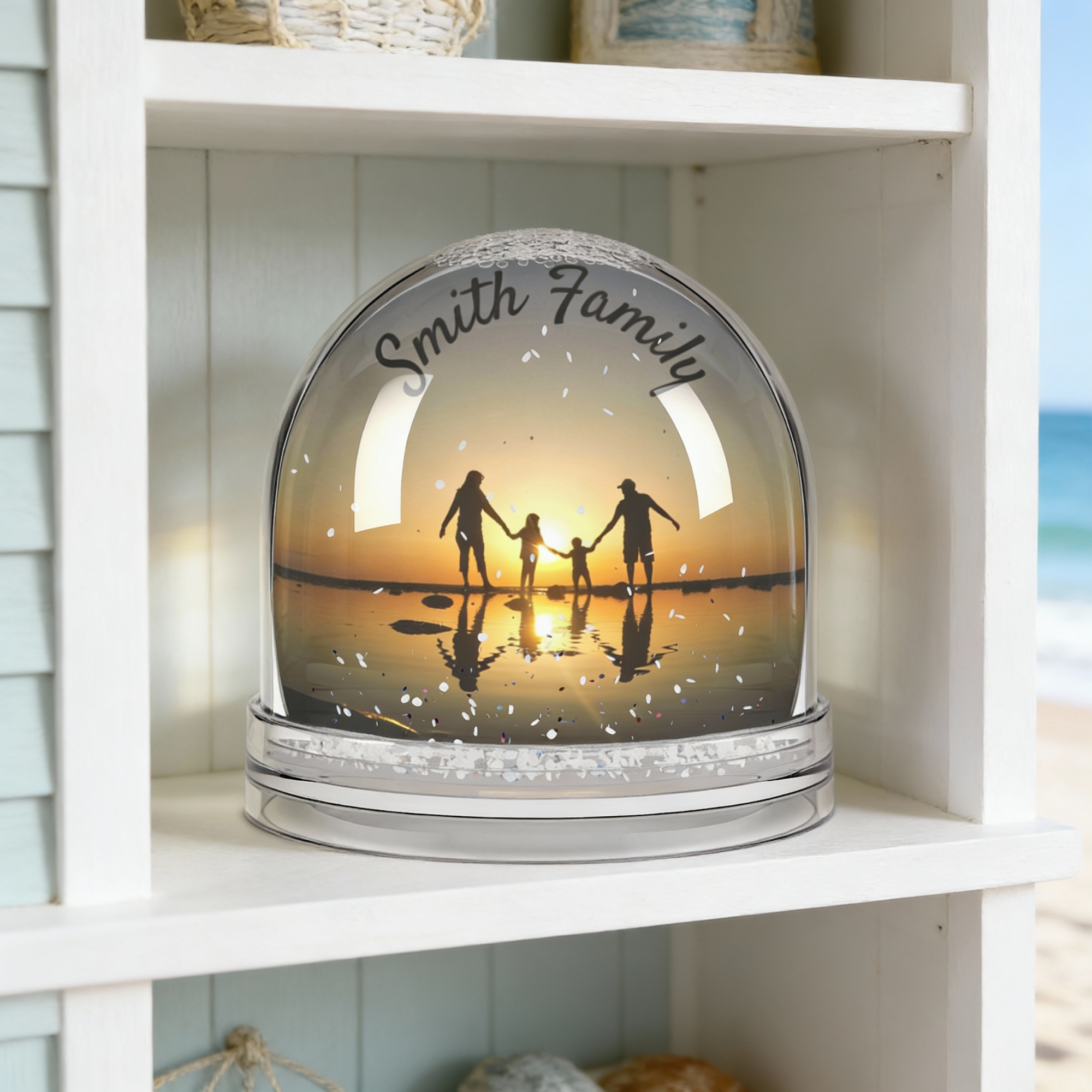 Custom Photo Snow Globe, Personalized Family Gift, Double-Sided Picture Text, Beach Keepsake, Holiday Gift, Memory Display Decor product thumbnail image