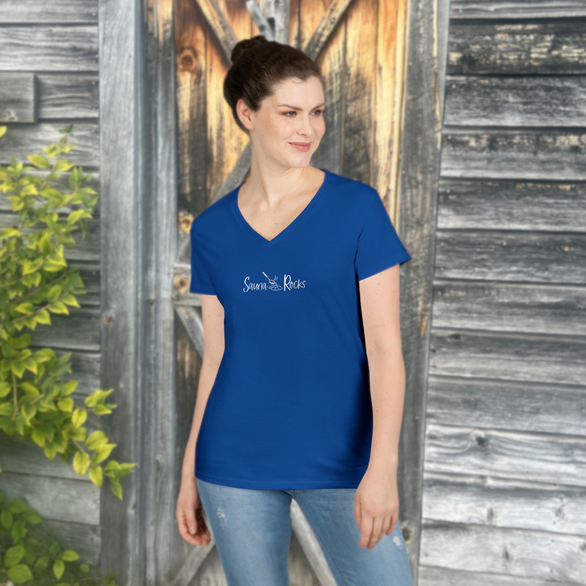 Sauna Rocks V Neck Shirt for Women | Sauna Lover Gift for Her | Finnish Sauna Tee with Dipper &amp; Steaming Rocks product thumbnail image