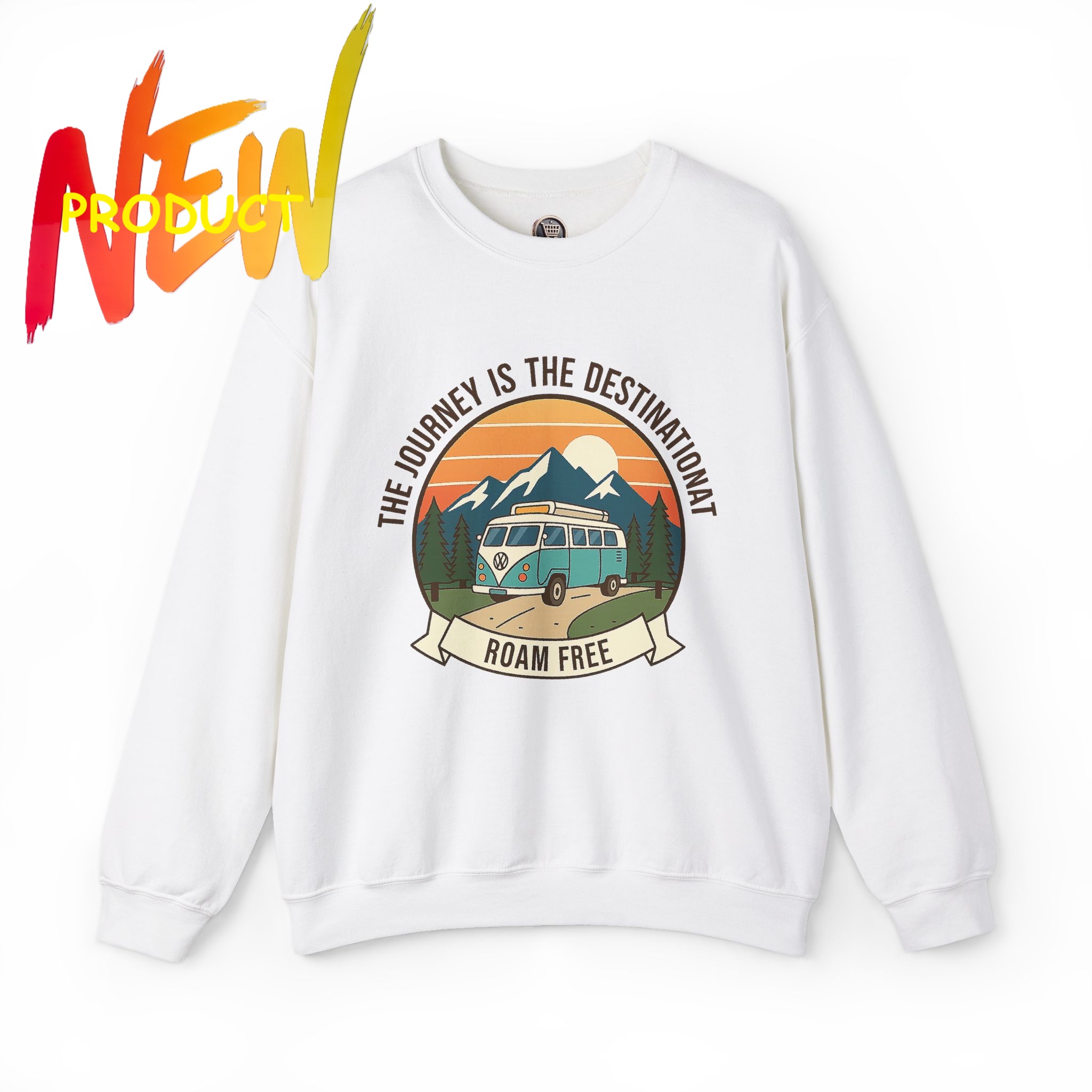 Crewneck Sweatshirt — "The Journey is the destination-Roam Free" Camper Vintage Mountain Adventure Crewneck product thumbnail image