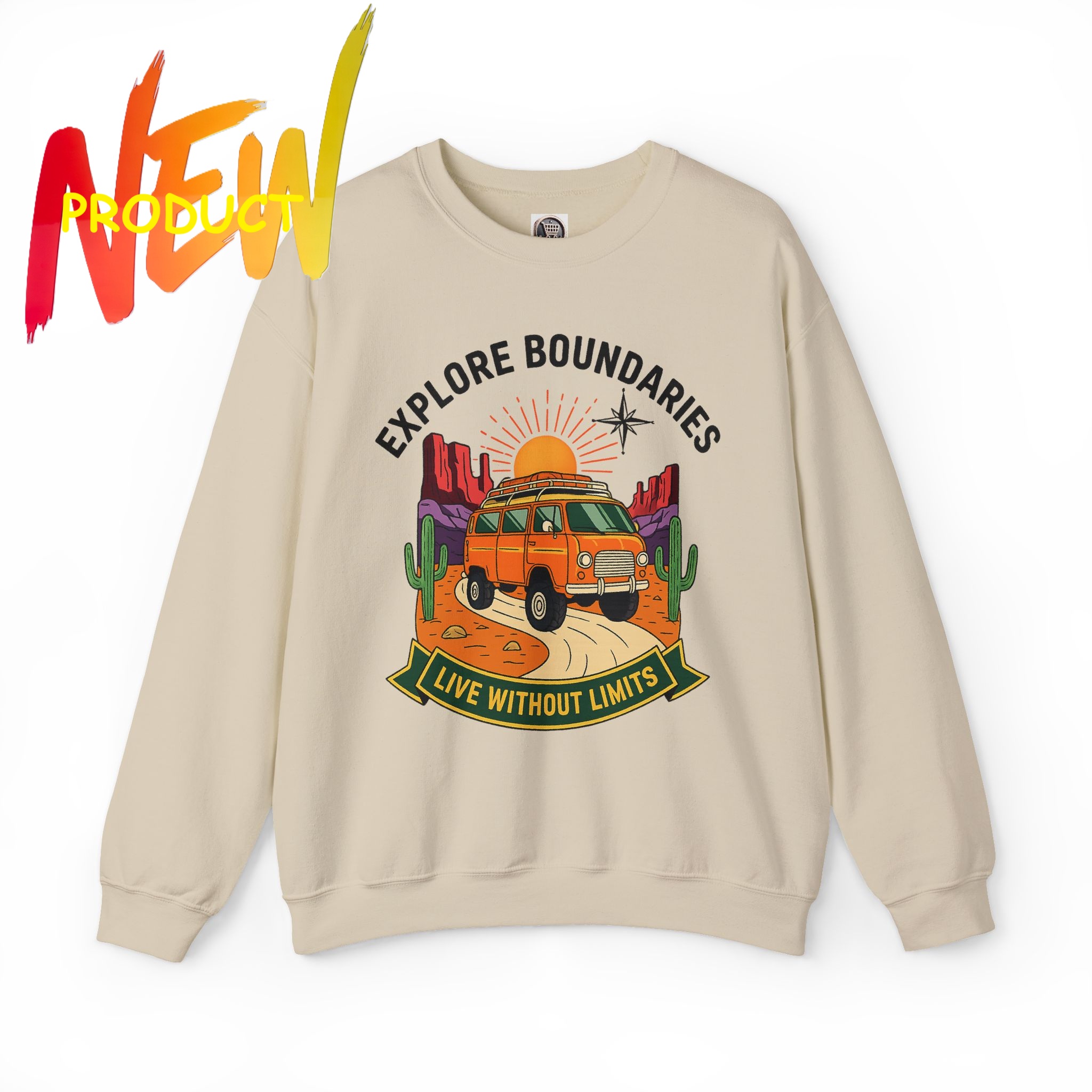 Crewneck Sweatshirt — “Explore Bounderies-Live Without Limits” Desert Road Trip Graphic product thumbnail image